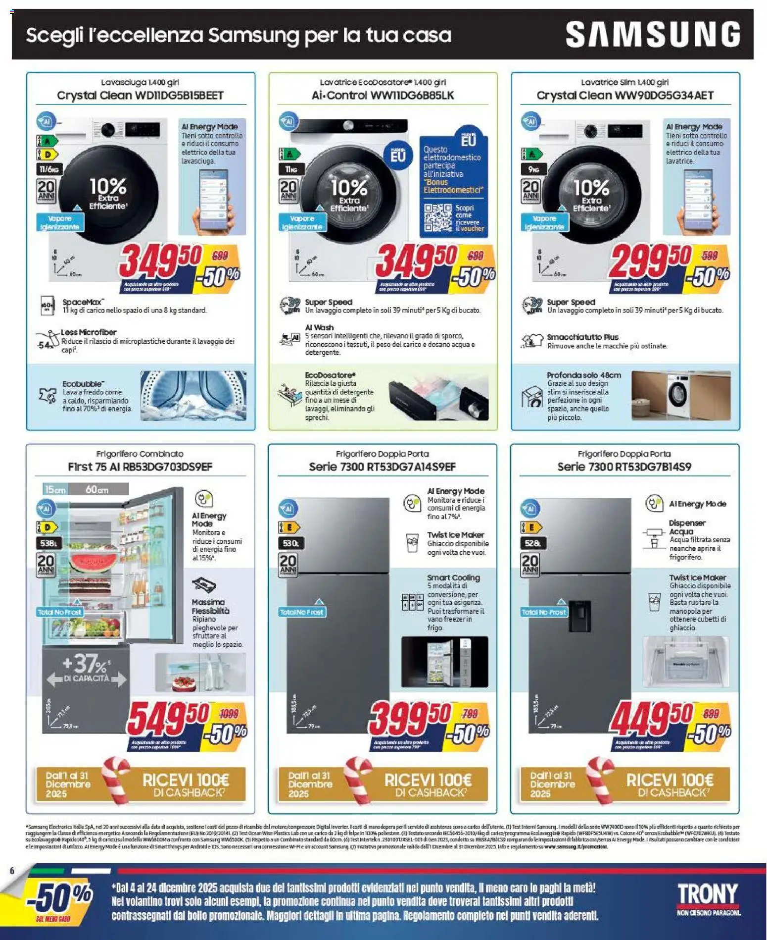 Volantino Trony del 04.12.2025 | Pagina: 6 | Prodotti: Lavasciuga, Freezer, Frigorifero, Samsung