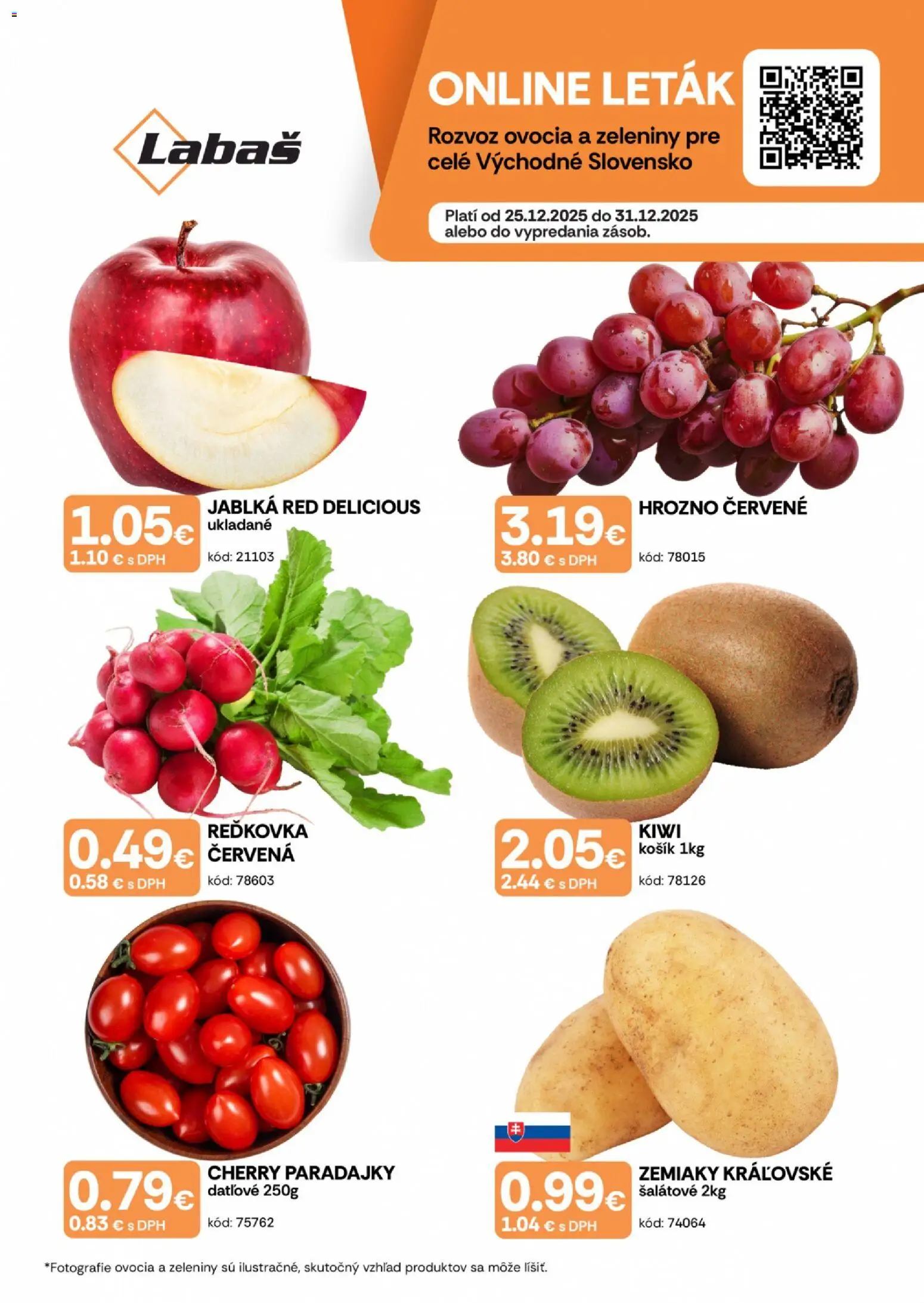 Nové Labaš akcie – leták je platný od 25.12.2025 | Strana: 1 | Produkty: Jablká, Paradajky, Cherry paradajky, Hrozno