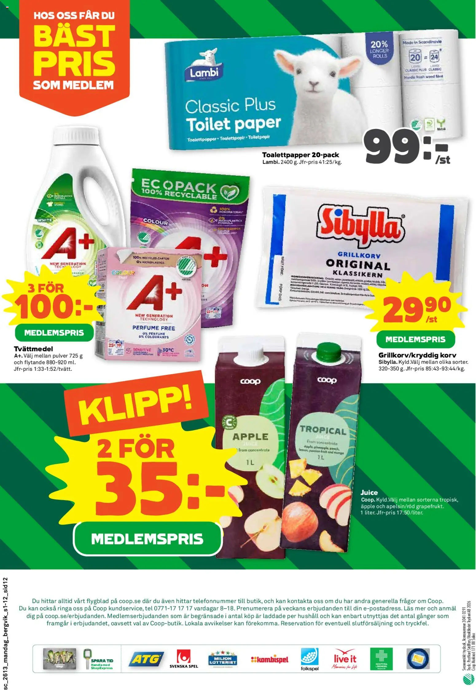 Stora Coop reklamblad aktuell från 23.03.2026 | Sida: 12 | Produkter: Tvättmedel, Grillkorv, Juice, Spel