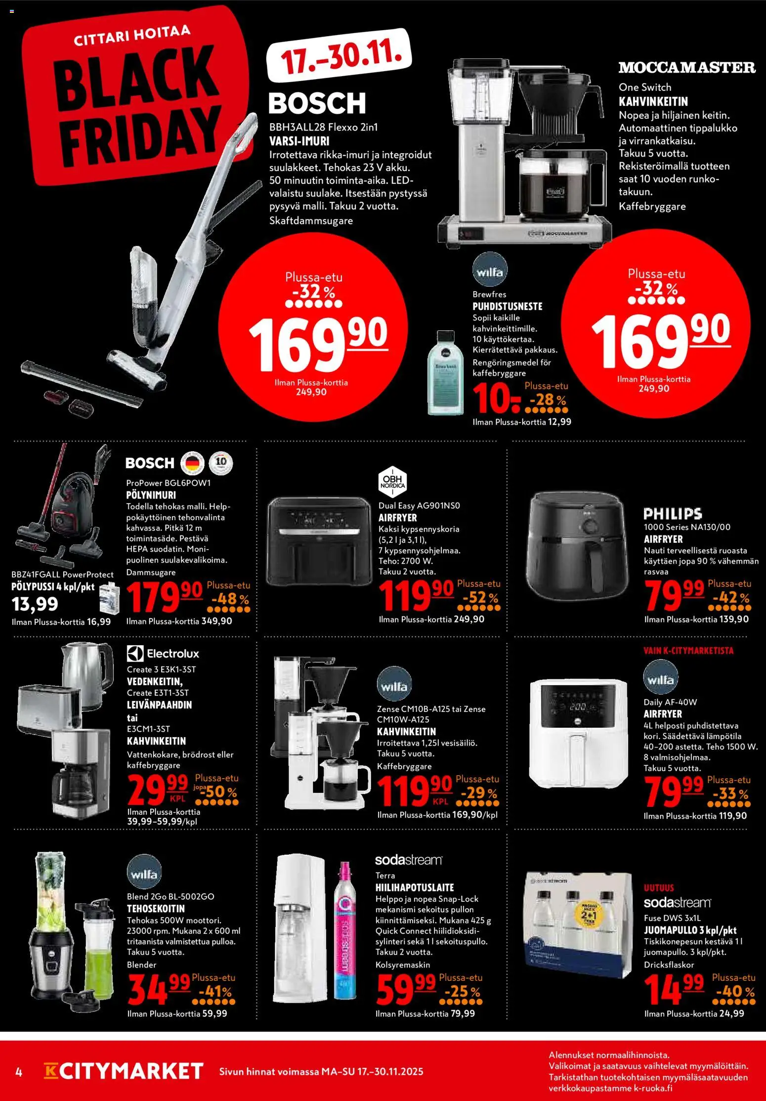 K-Citymarket - Black Friday – voimassa 17.11.2025 alkaen | Sivu: 4 | Tuotteet: Kahvinkeitin, Leivänpaahdin, Tehosekoitin, Hiilihapotuslaite