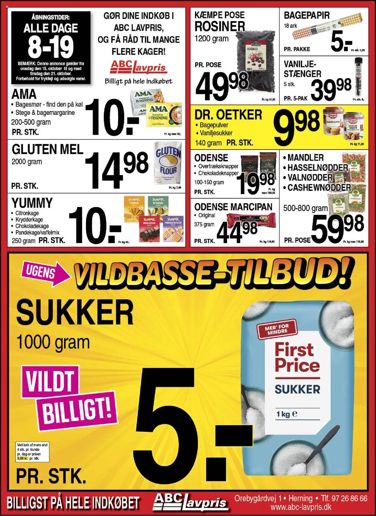 Abc Lavpris tilbudsavis – gyldig fra 15.10.2025 | Side: 1 | Produkter: Chokoladekage, Rosiner, Cashewnødder, Vanilje
