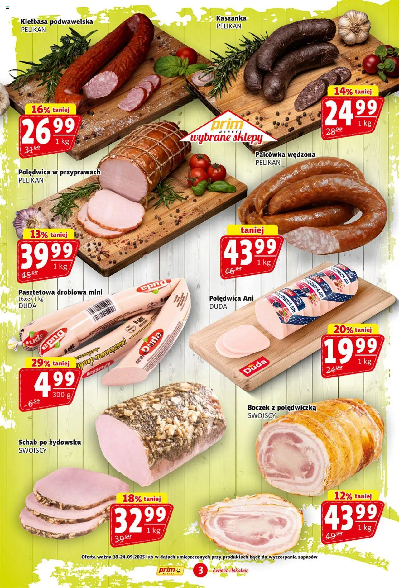 Prim Market Gazetka od 18.09.2025 | Strona: 3 | Produkty: Kiełbasa, Kaszanka, Boczek, Kiełbasa podwawelska