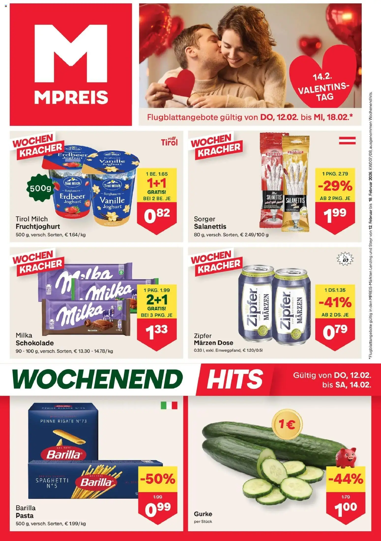 MPREIS Lenzing gültig ab 12.02.2026 | Seite: 1 | Produkte: Pasta, Milch, Hajdina liszt, Schokolade