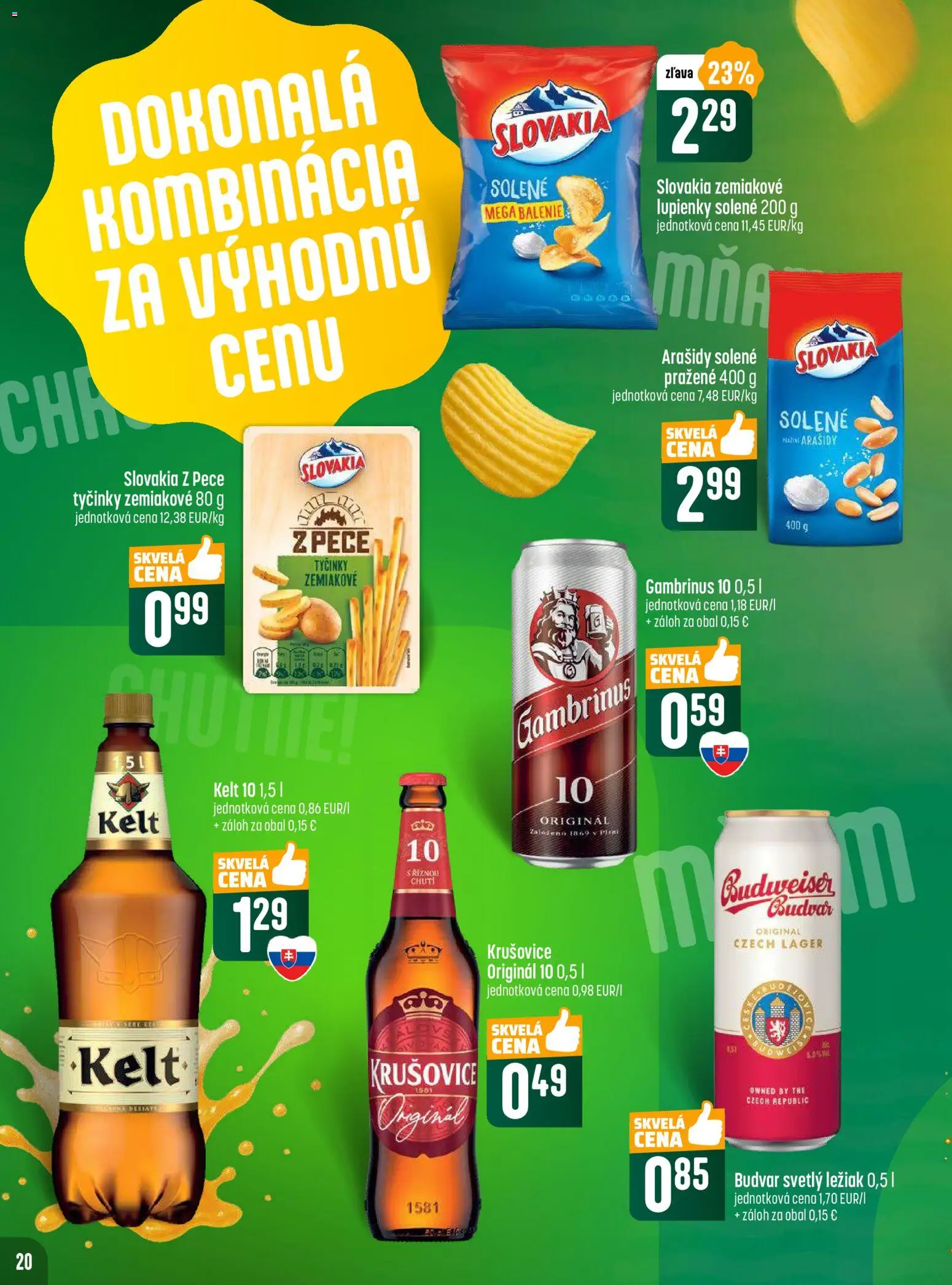 Nové COOP Jednota akcie – leták je platný od 30.10.2025 | Strana: 20 | Produkty: Kelt, Krušovice, Gambrinus, Arašidy