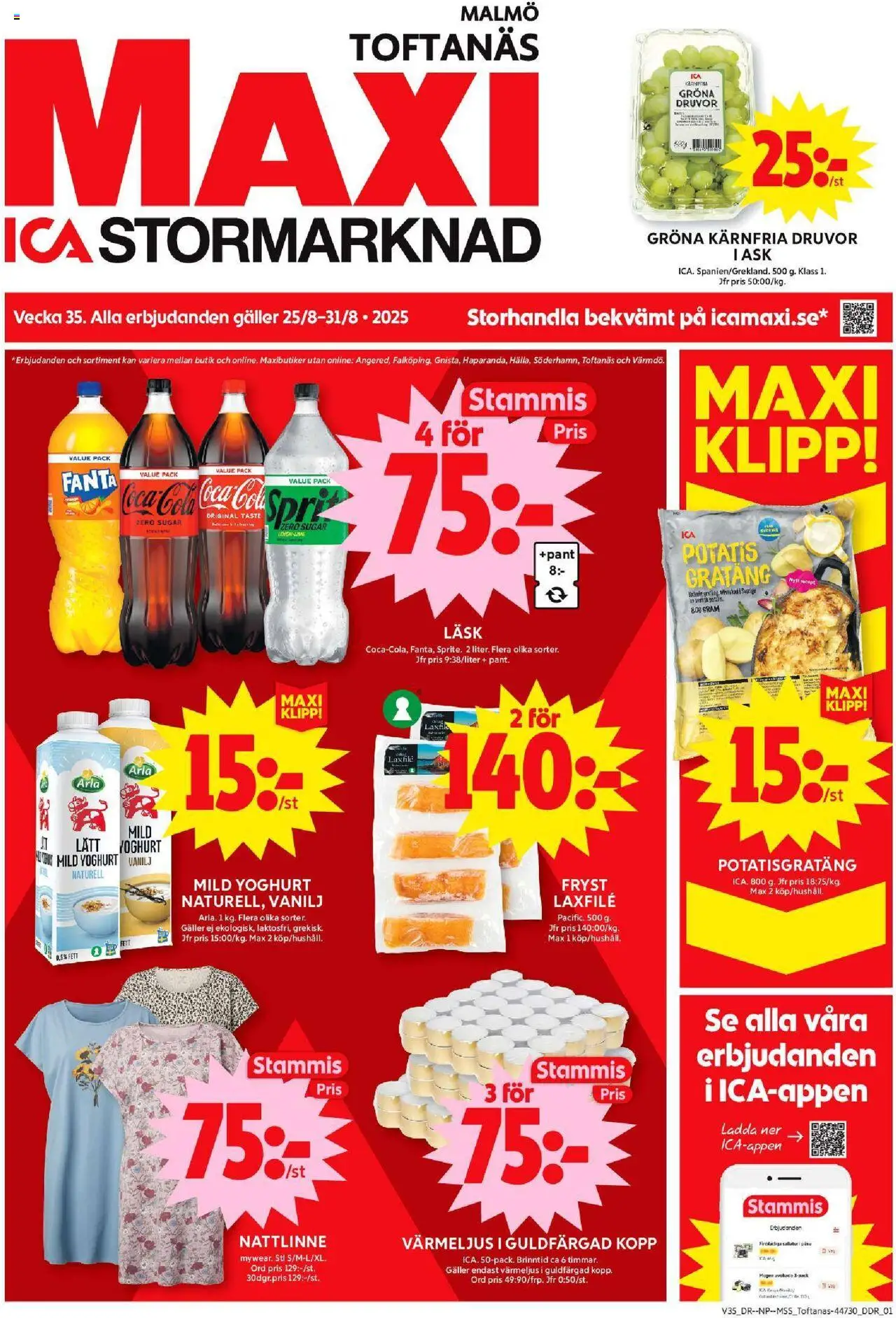 ICA Maxi reklamblad aktuell från 25.08.2025 | Sida: 1 | Produkter: Galler, Potatisgratäng, Fanta, Yoghurt
