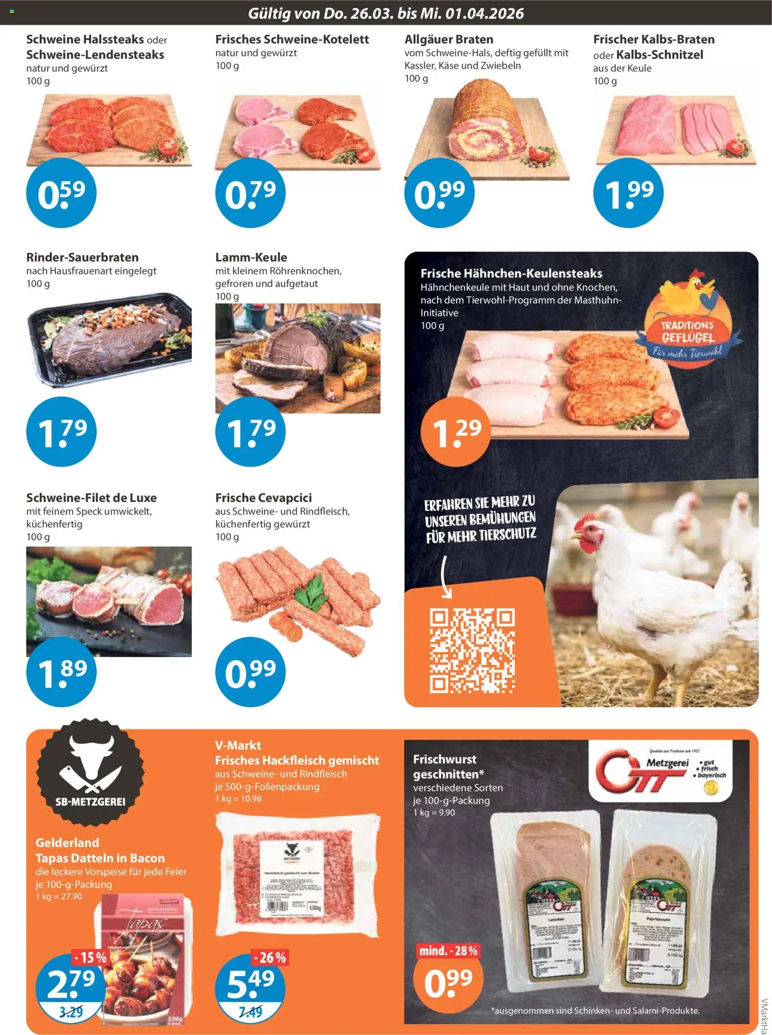 V-Markt Angebote – gültig ab 26.03.2026 | Seite: 3 | Produkte: Schweinefilet, Schinken, Rindfleisch, Hackfleisch