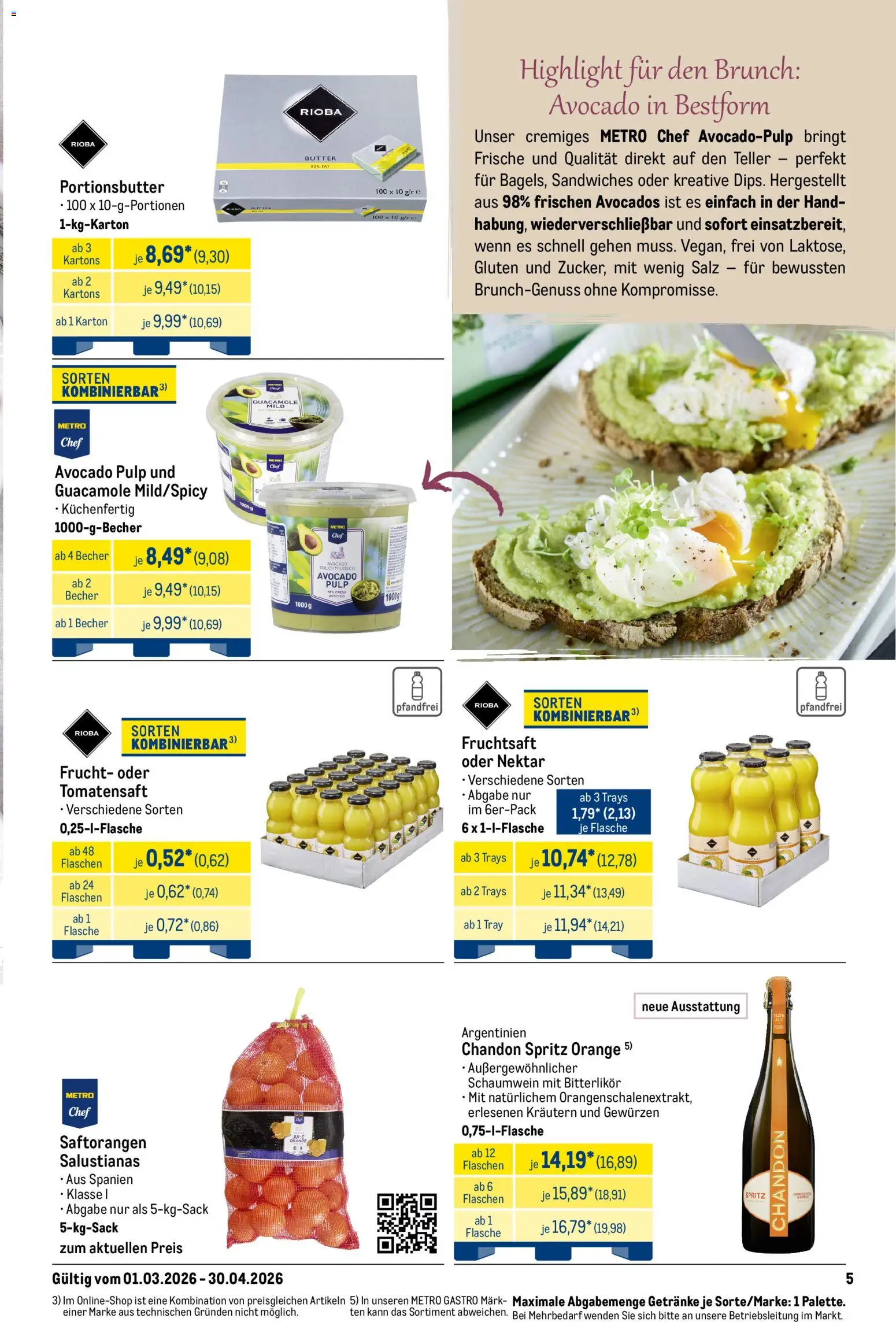 Metro Saisonkatalog Frühlings-Genuss – gültig ab 01.03.2026 | Seite: 5 | Produkte: Butter, Avocado, Salz, Fruchtsaft