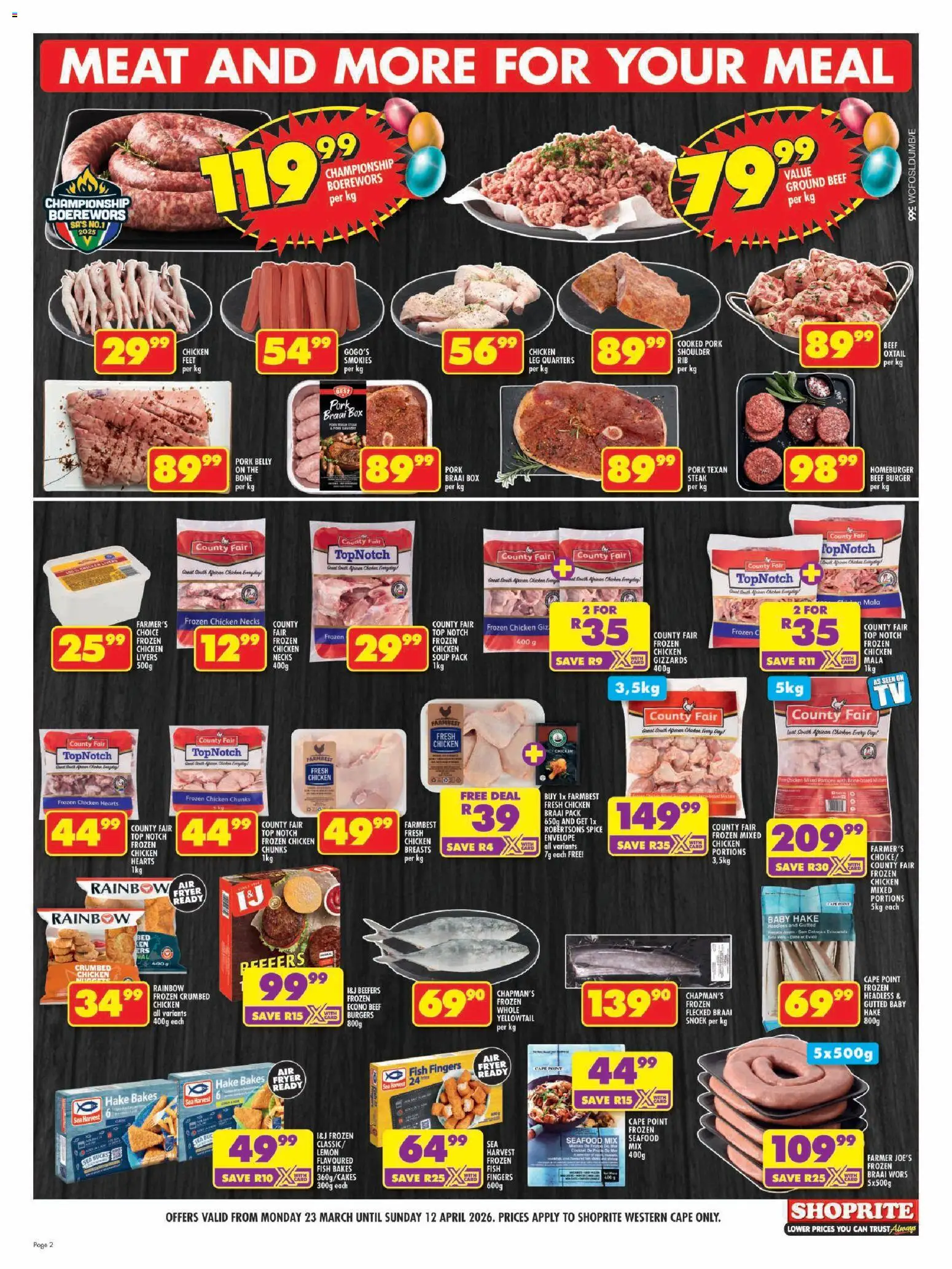 New Shoprite catalogue – valid from 23.03.2026 | Page: 2 | Products: Boerewors, Pork, Fish, Lemon
