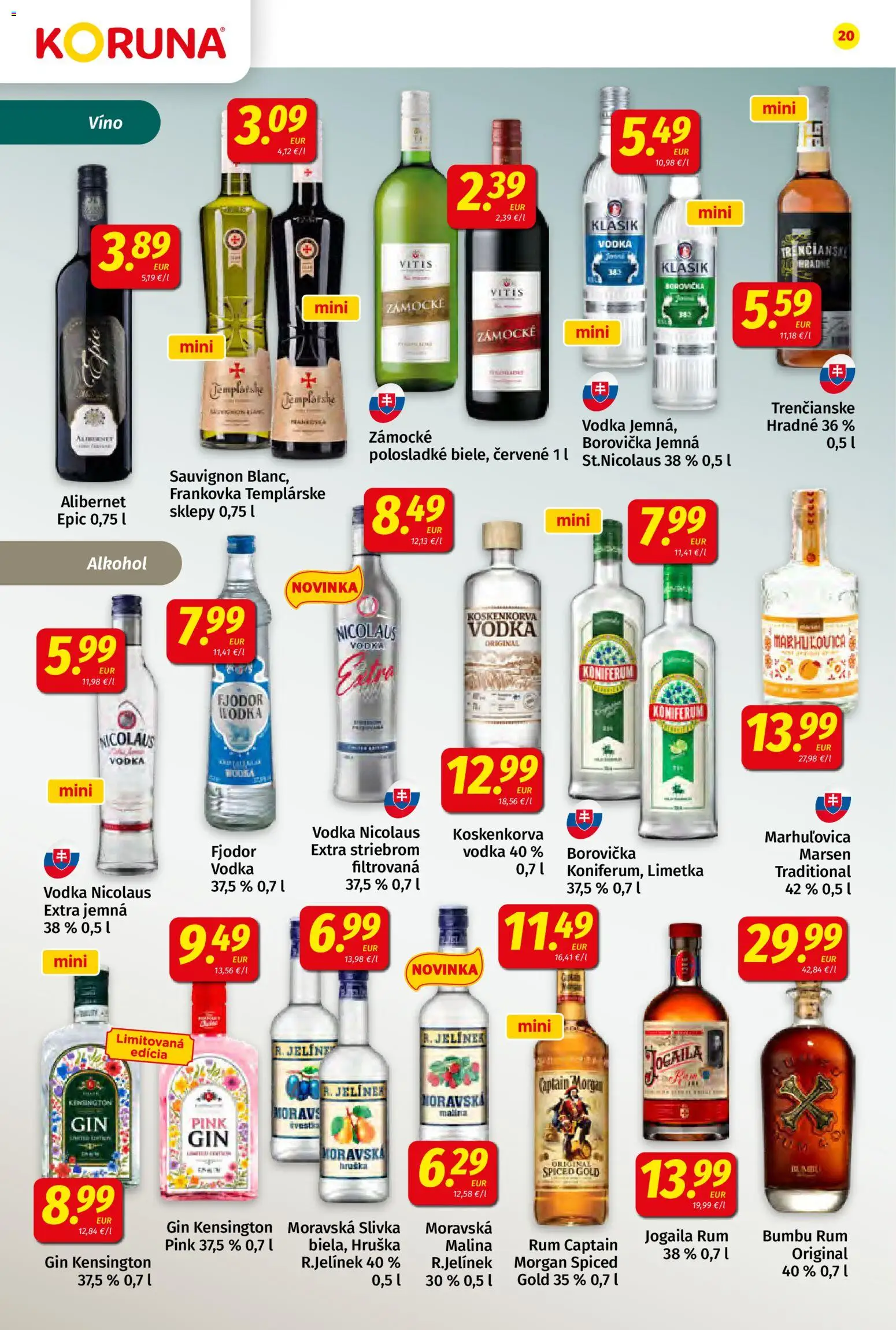 Nové Koruna akcie – leták je platný od 24.04.2026 | Strana: 20 | Produkty: Limetka, Borovička, Koniferum, Rum