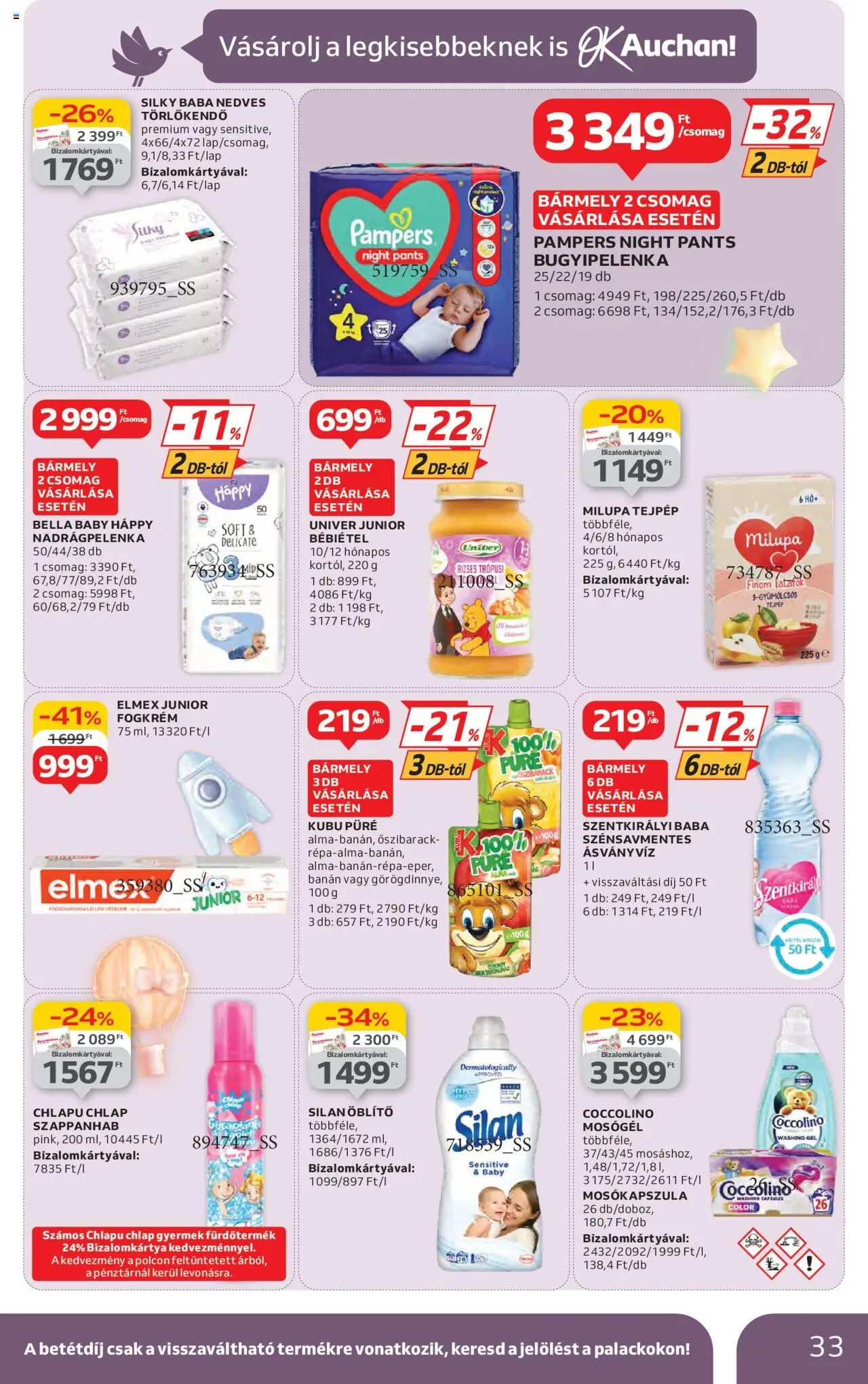 Auchan akciós ujság - amely érvényes a következő dátumtól: 26.06.2025 | Oldal: 33 | Termékek: Törlőkendő, Öblítő, Ásványvíz, Bébiétel