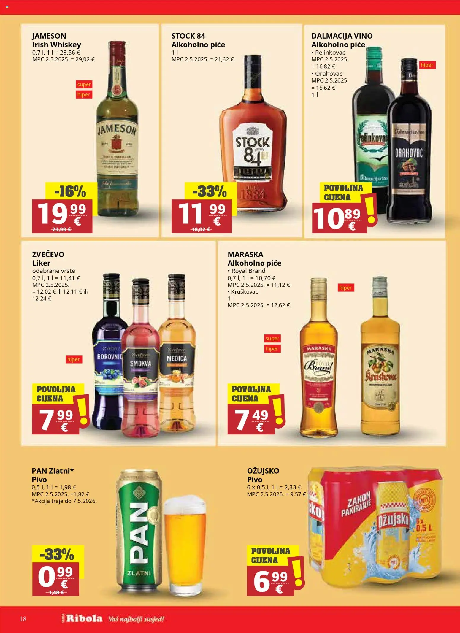Ribola katalog | vrijedi od 08.04.2026 | Stranica: 18 | Proizvodi: Pelinkovac, Vino, Ožujsko, Liker