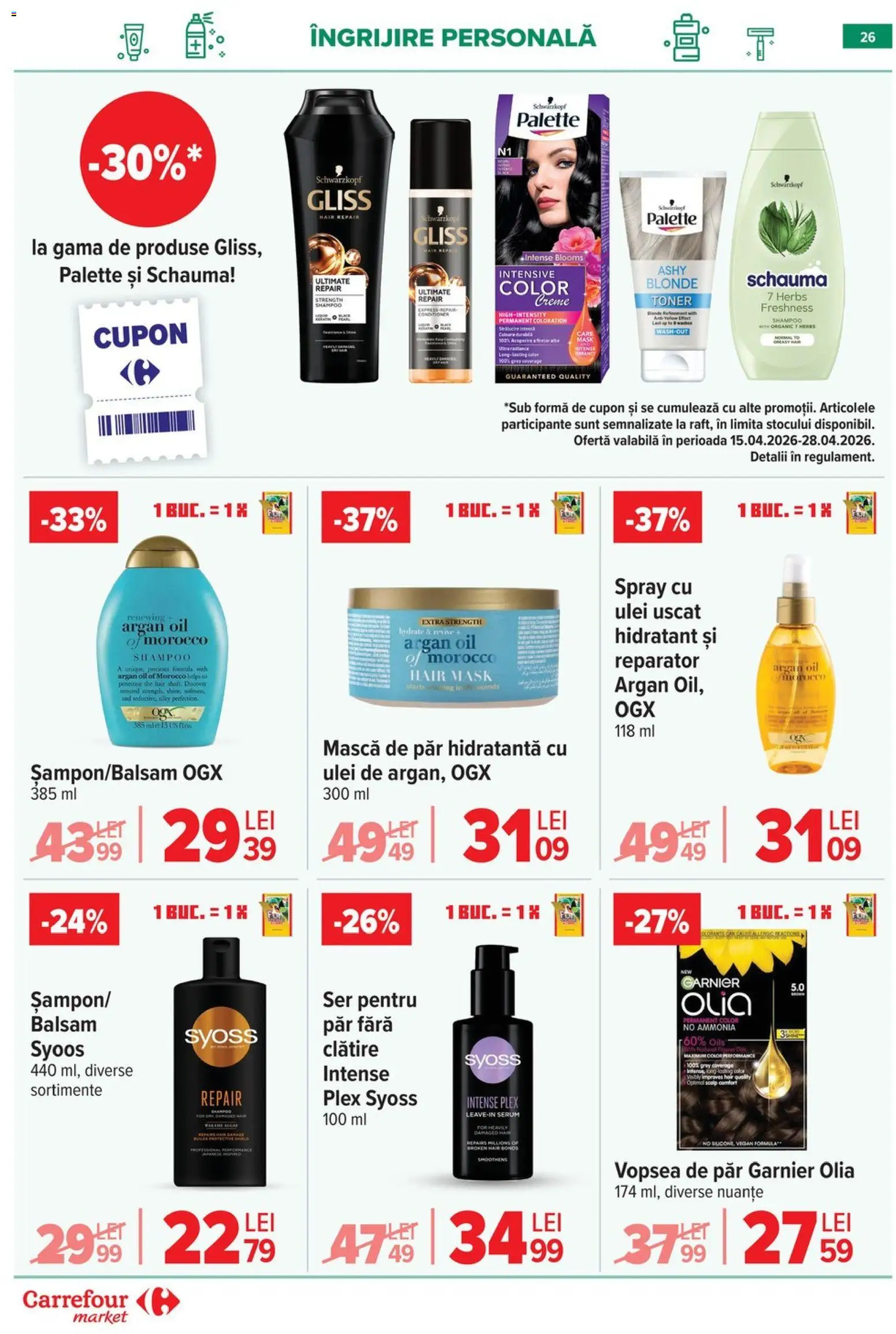 Noul catalog Carrefour – valabil de la 15.04.2026 | Pagină: 28 | Produse: Serum, Balsam, Mască de păr, Ulei