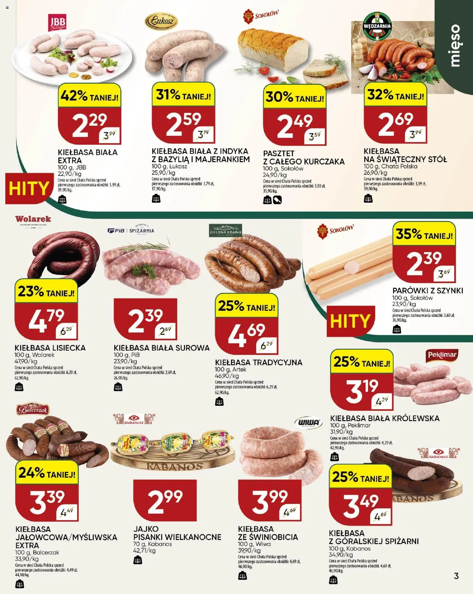 Chata Polska gazetka od 26.03.2026 | Strona: 3 | Produkty: Kiełbasa lisiecka, Parówki z szynki, Parówki, Biała kiełbasa