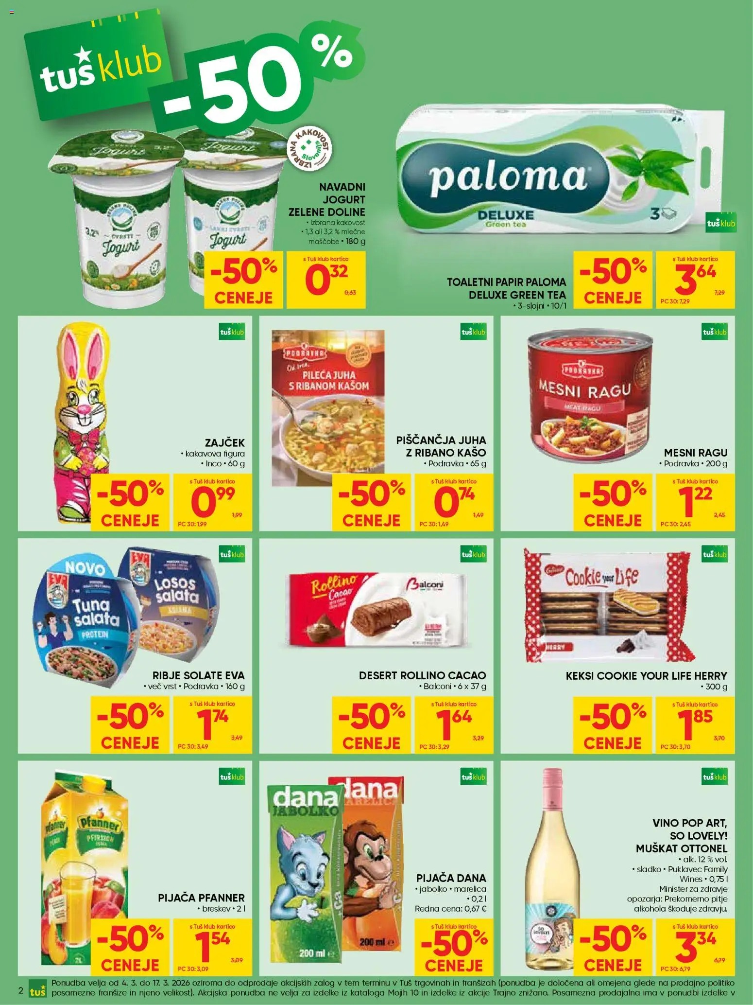 Novi Tuš katalog ponudbe – veljaven od 04.03.2026 | Stran: 2 | Izdelki: Keksi, Toaletni papir, Juha, Vino