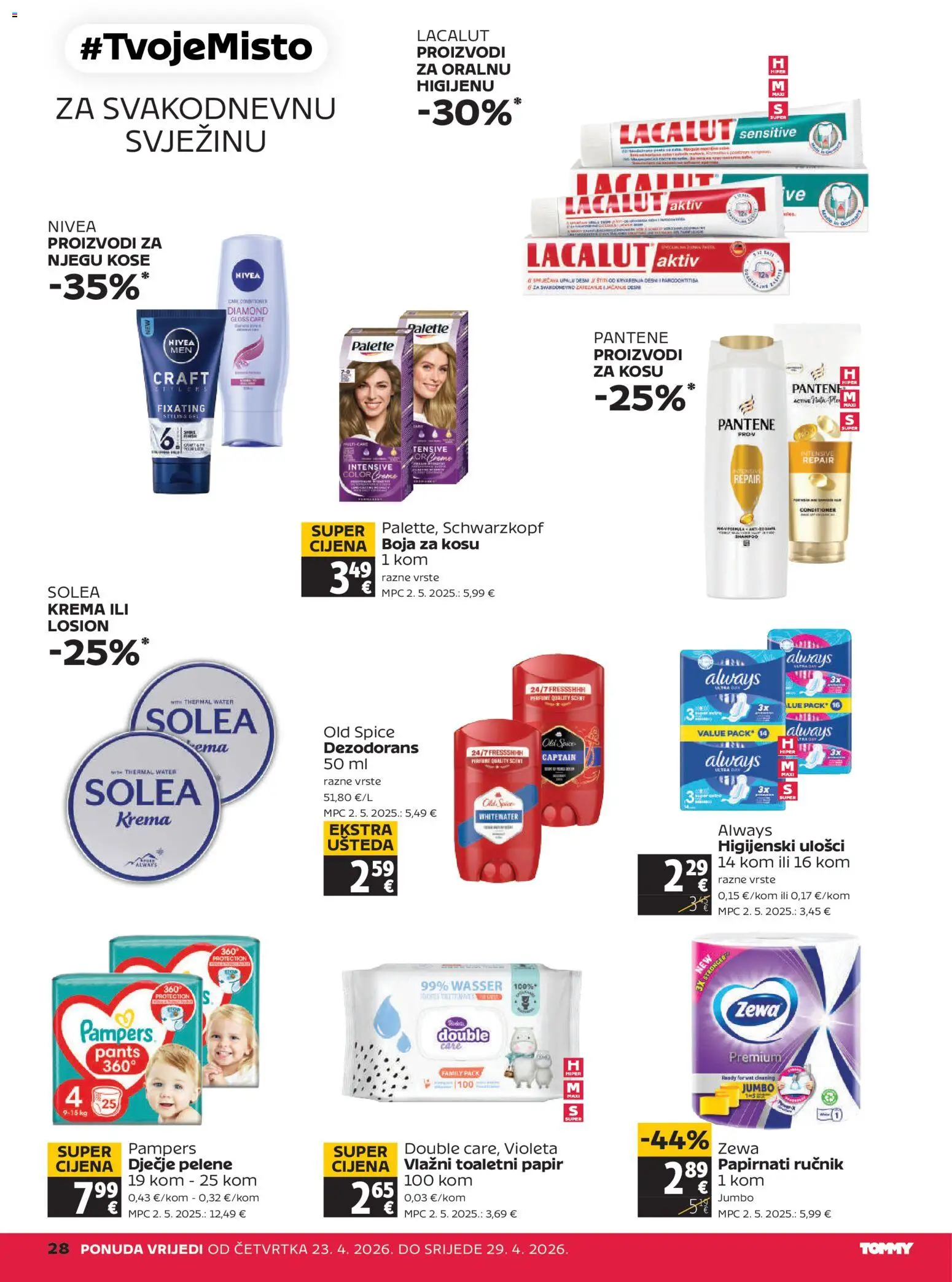 Tommy katalog | vrijedi od 23.04.2026 | Stranica: 28 | Proizvodi: Higijenski ulošci, Boja za kosu, Violeta, Lacalut