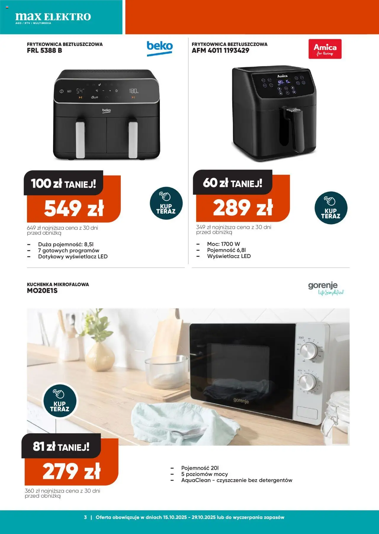Max elektro Gazetka od 15.10.2025 | Strona: 3 | Produkty: Kuchenka mikrofalowa, Kuchenka, Frytkownica, Frytkownica beztłuszczowa