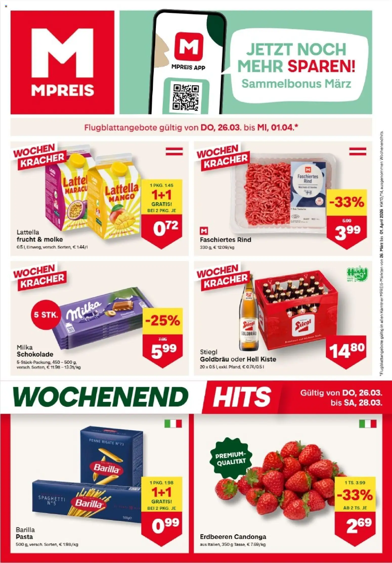 MPREIS Dellach im Drautal gültig ab 26.03.2026 | Seite: 1 | Produkte: Erdbeeren, Pasta, Mango, Schokolade