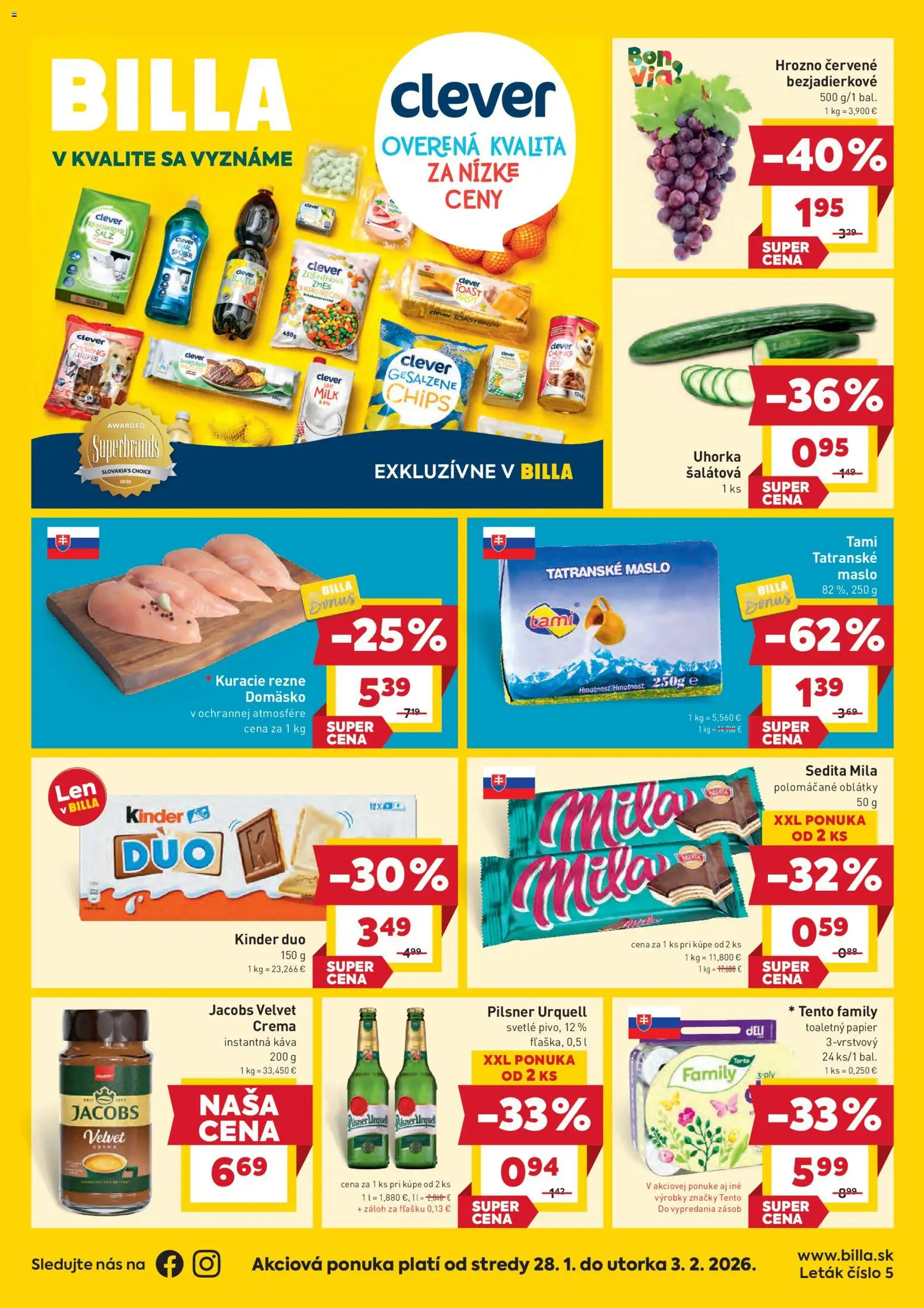 Nové Billa akcie – leták je platný od 28.01.2026 | Strana: 1 | Produkty: Pilsner Urquell, Káva, Kinder, Mila