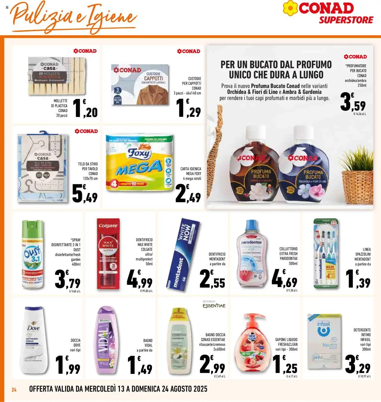 Volantino Conad del 13.08.2025 | Pagina: 24 | Prodotti: Carta igienica, Dentifricio, Intimo, Doccia