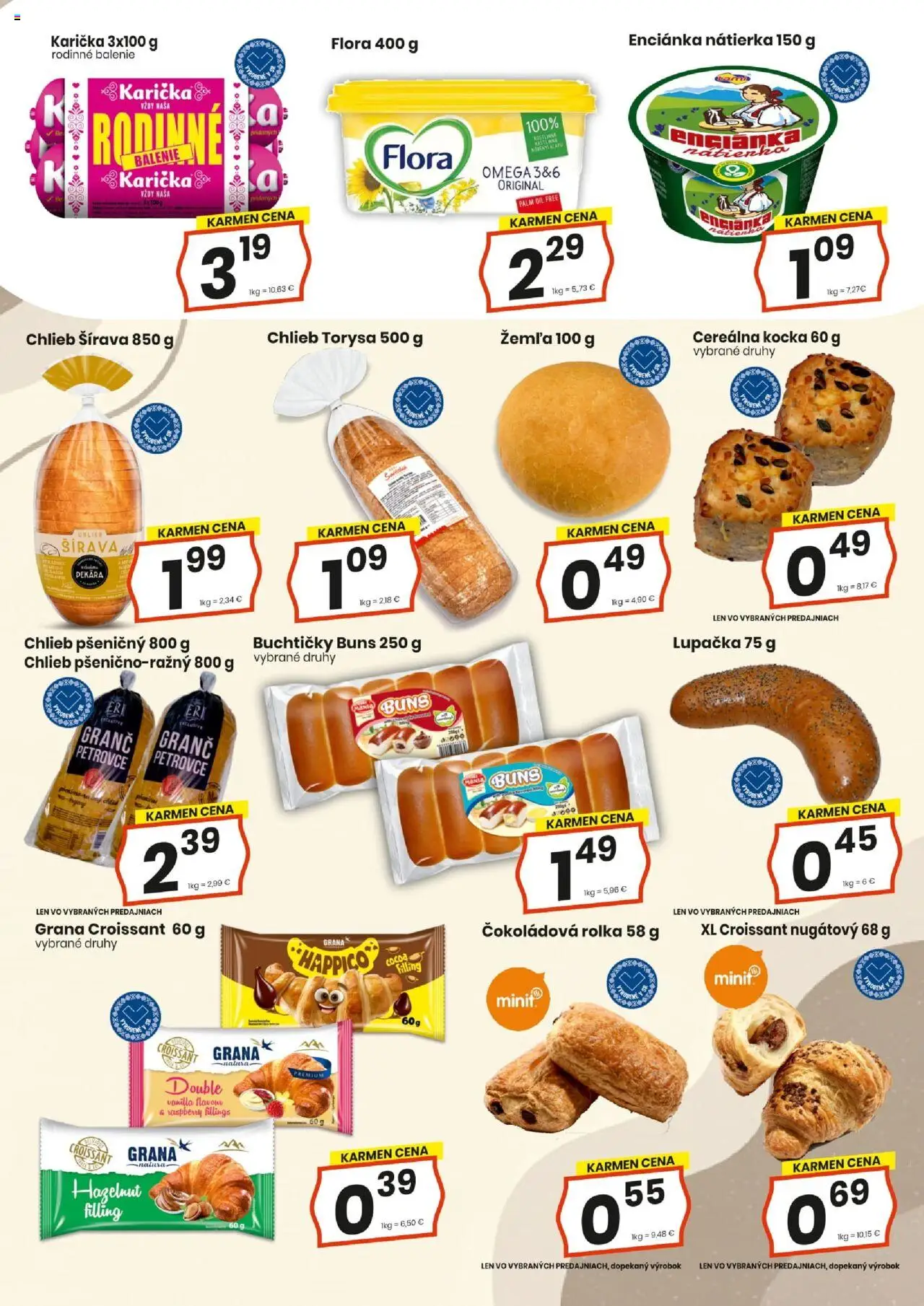 Nové KARMEN CBA akcie – leták je platný od 16.10.2025 | Strana: 7 | Produkty: Chlieb, Croissant, Flora