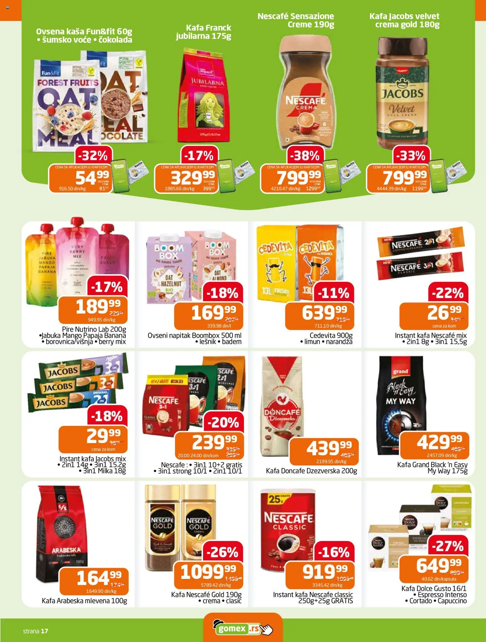 Gomex katalog - važi od 18.03.2026 | Strana: 17 | Proizvode: Dolce Gusto, Badem, Ovsena kaša, Instant kafa