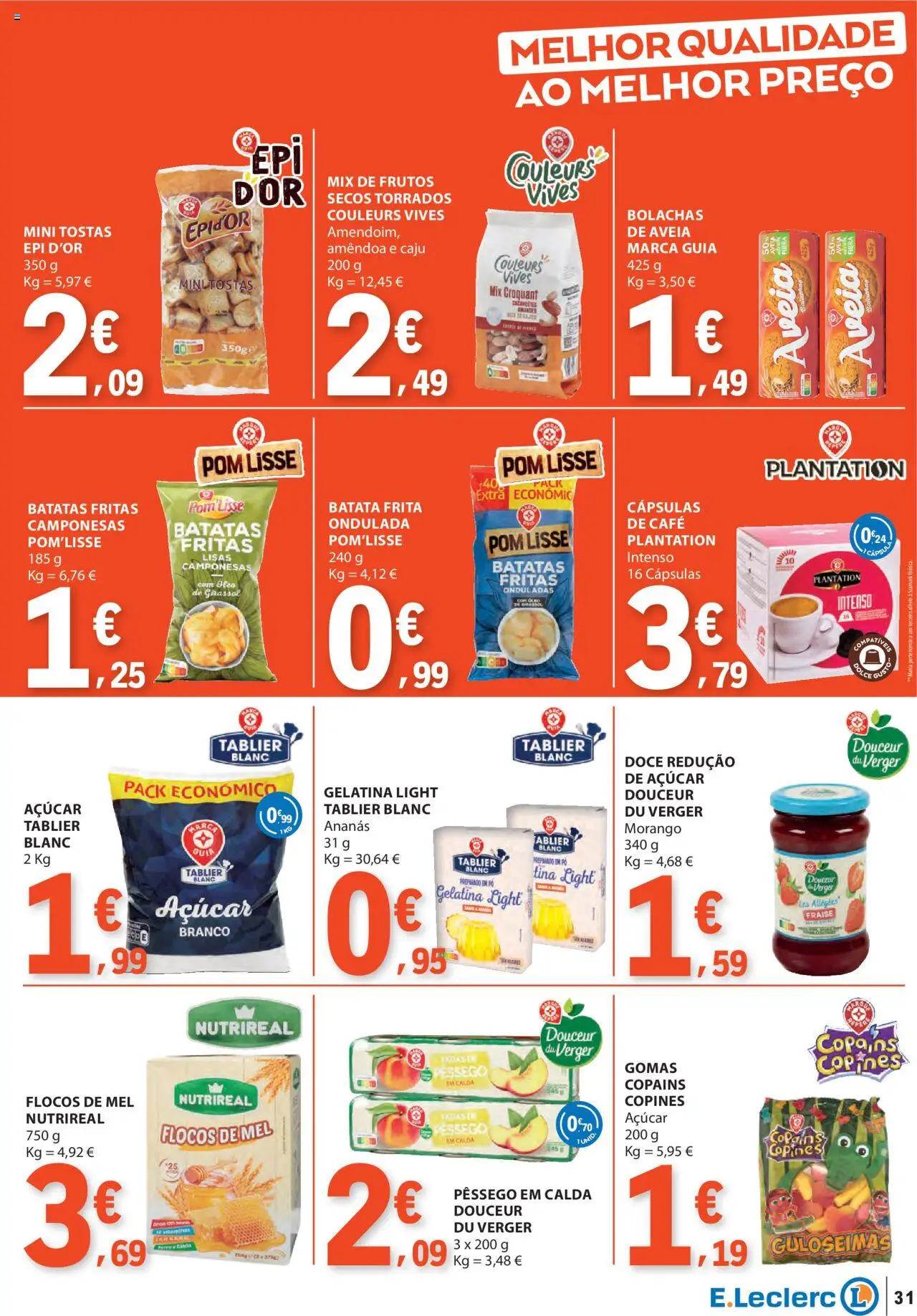 E.Leclerc folheto │ válido de 31.07.2025 | Página: 31 | Produtos: Batata frita, Pó, Tostas, Gomas