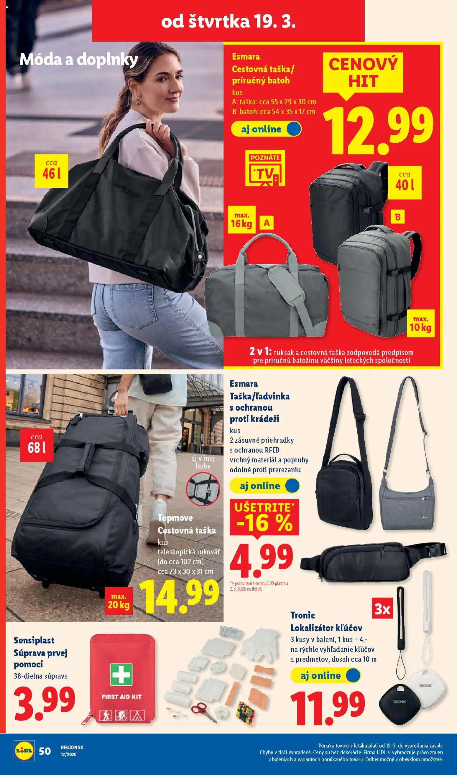 Nové Lidl akcie – leták je platný od 16.03.2026 | Strana: 100 | Produkty: Batoh, Ruksak, Cestovná taška, Taška