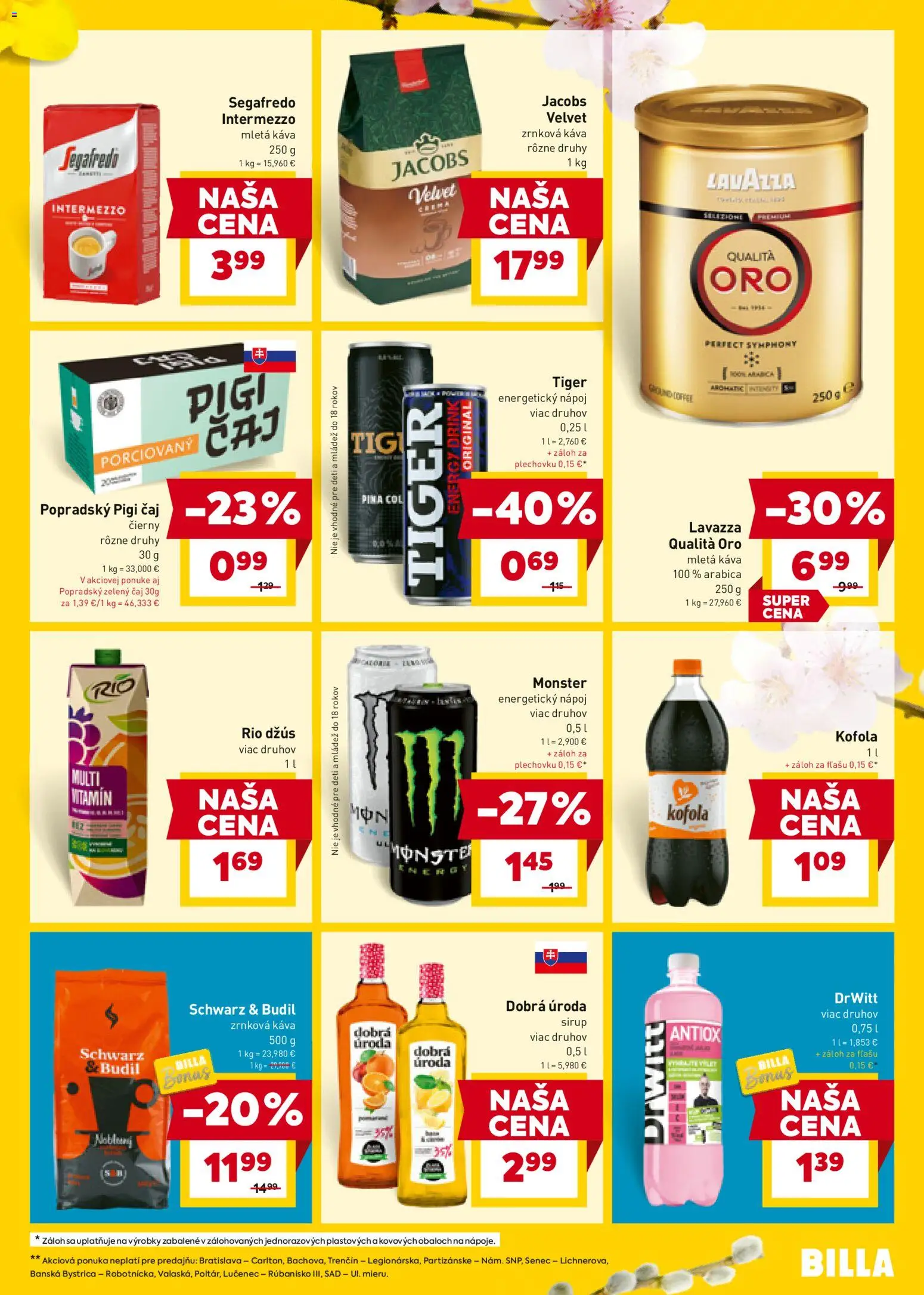Nové Billa akcie – leták je platný od 18.03.2026 | Strana: 19 | Produkty: Káva, Džús, Kofola, Zrnková káva