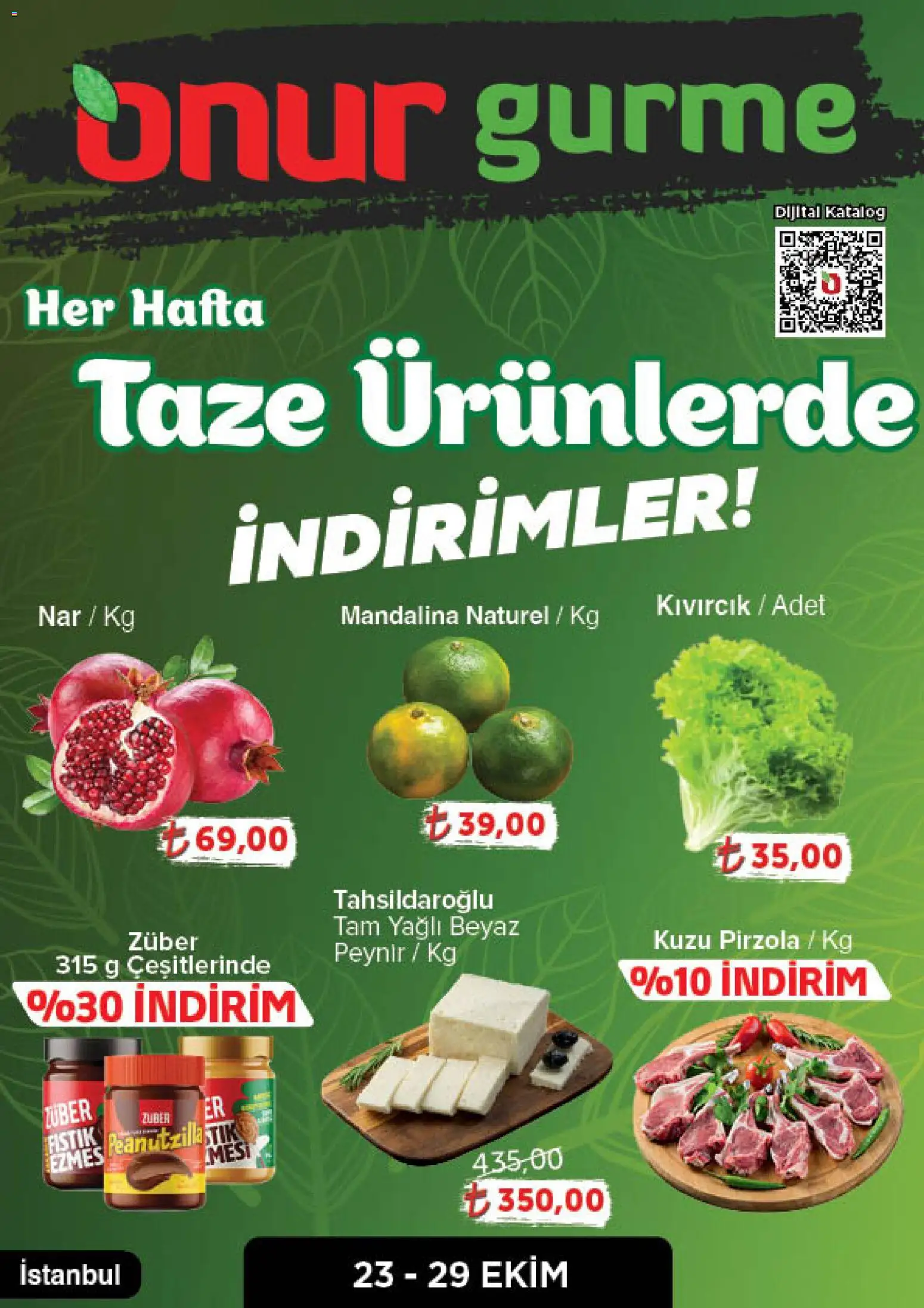 Onur Market Katalog Gurme - Istanbul - 23.10.2025 tarihinden itibaren geçerlidir | Sayfa: 1 | Ürünler: Peynir, Mandalina, Pirzola, Nar