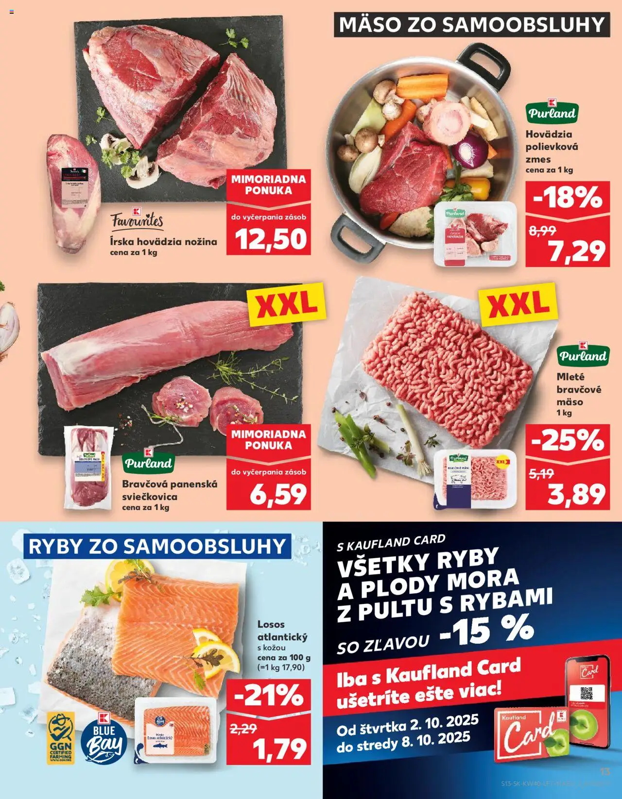 Nové Kaufland akcie – leták je platný od 02.10.2025 | Strana: 13 | Produkty: Ryby, Losos, Bravčové mäso