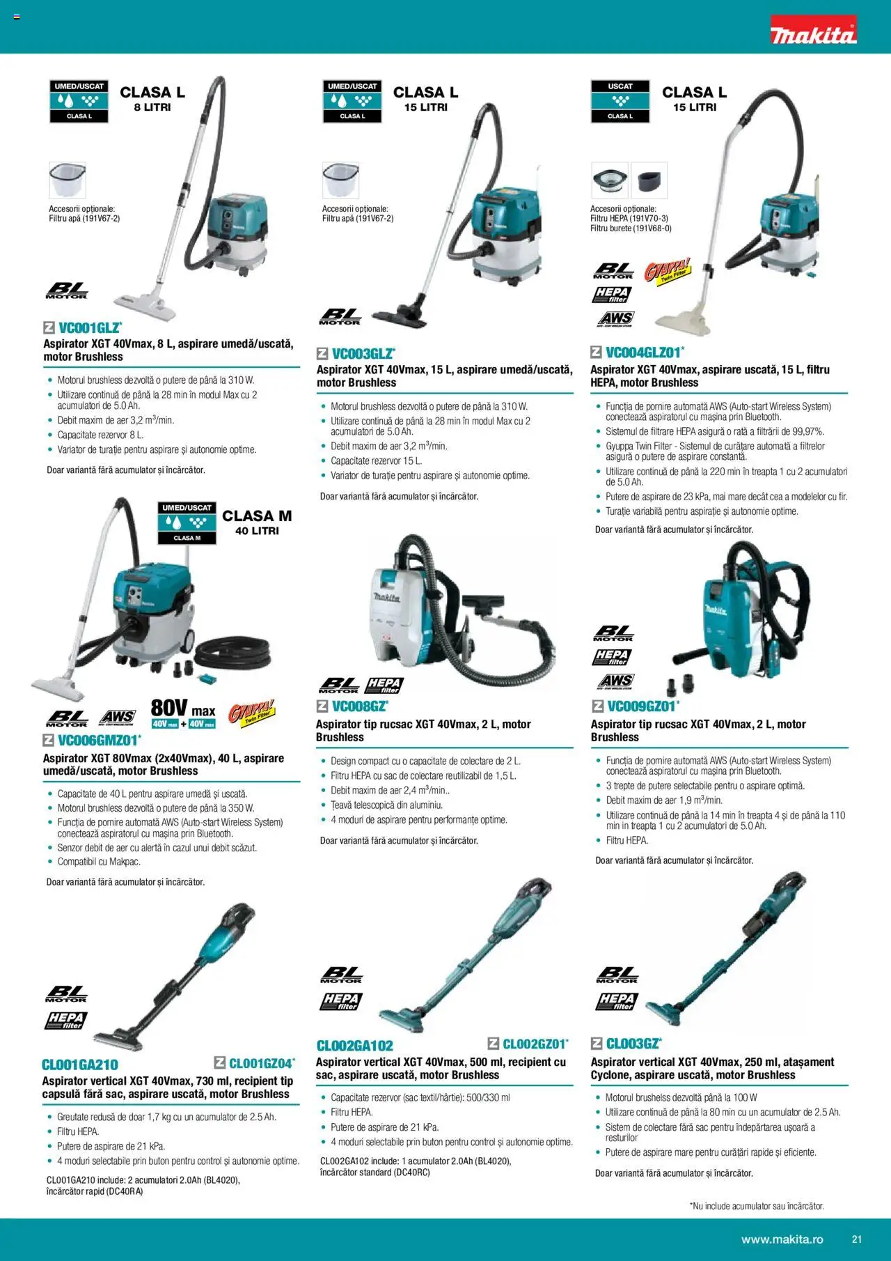 Makita catalog - Mașini cu acumulatori XGT 40Vmax / 80Vmax – valabil de la 01.02.2024 | Pagină: 21 | Produse: Țeavă, Filtru apă, Apă, Rucsac