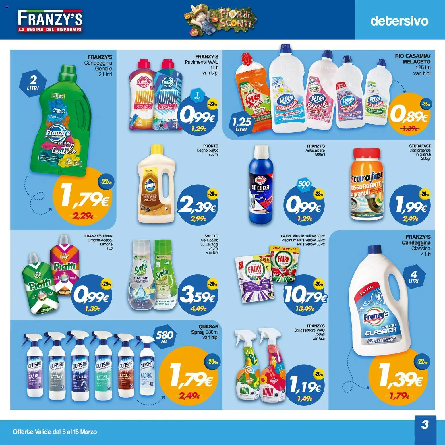 Volantino Franzy's del 05.03.2026 | Pagina: 3 | Prodotti: Detergente, Candeggina, Bagno, Profumo