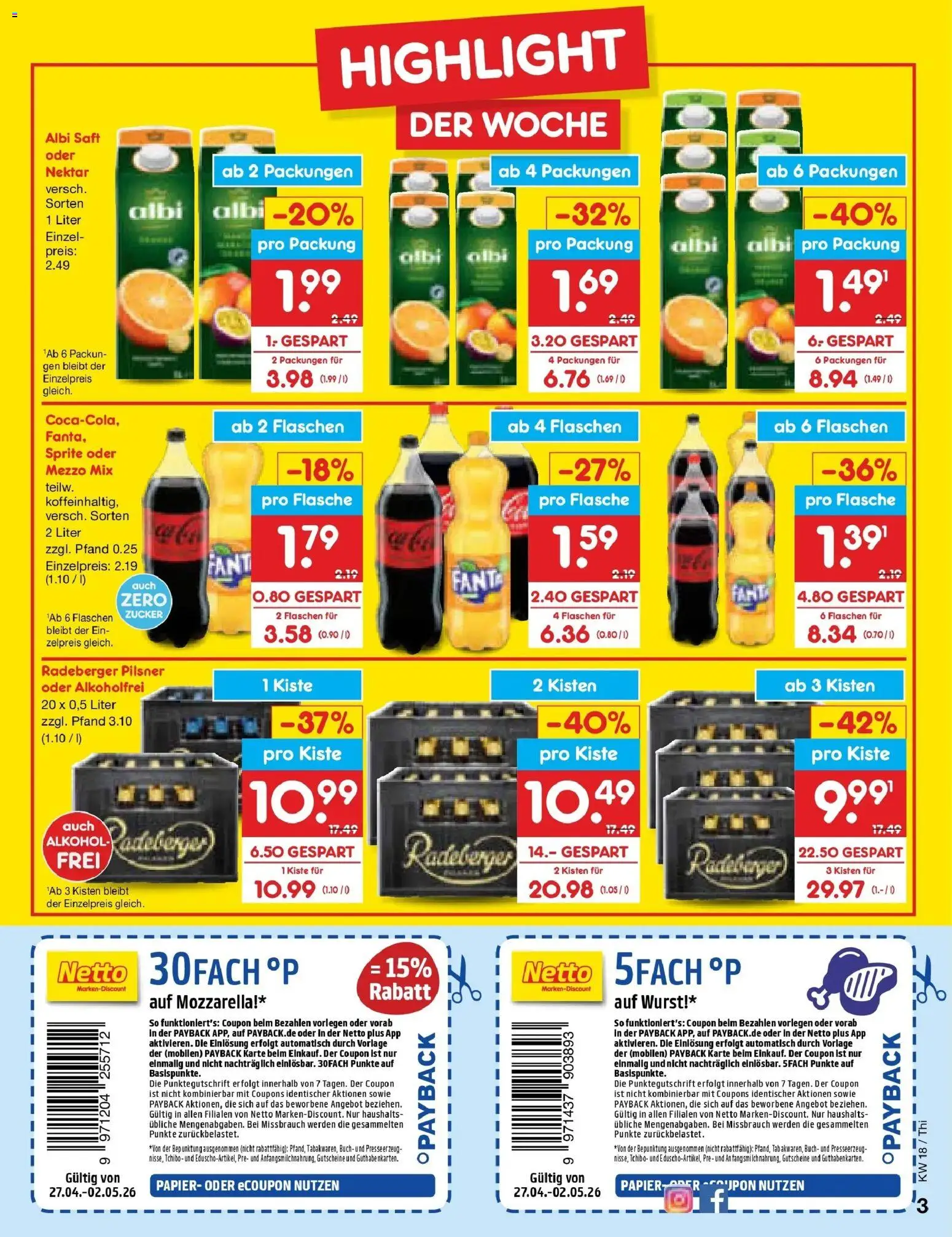 Netto Marken-Discount Prospekt Thiendorf	 – gültig ab 27.04.2026 | Seite: 3 | Produkte: Zucker, Wurst, Oder mezzo mix, Radeberger pilsner