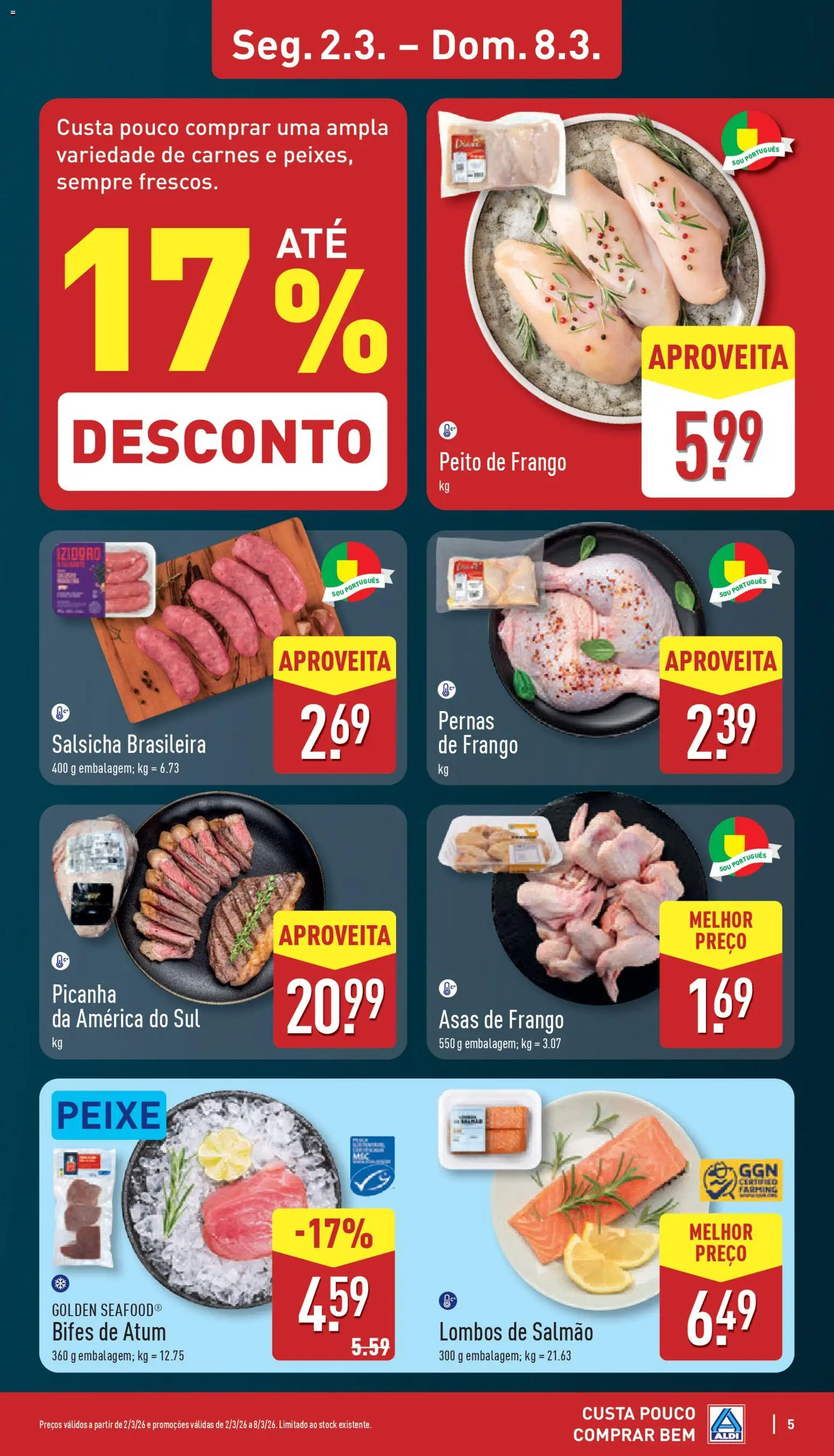 Aldi folheto │ válido de 02.03.2026 | Página: 5 | Produtos: Atum, Salmão, Salsicha, Peixe