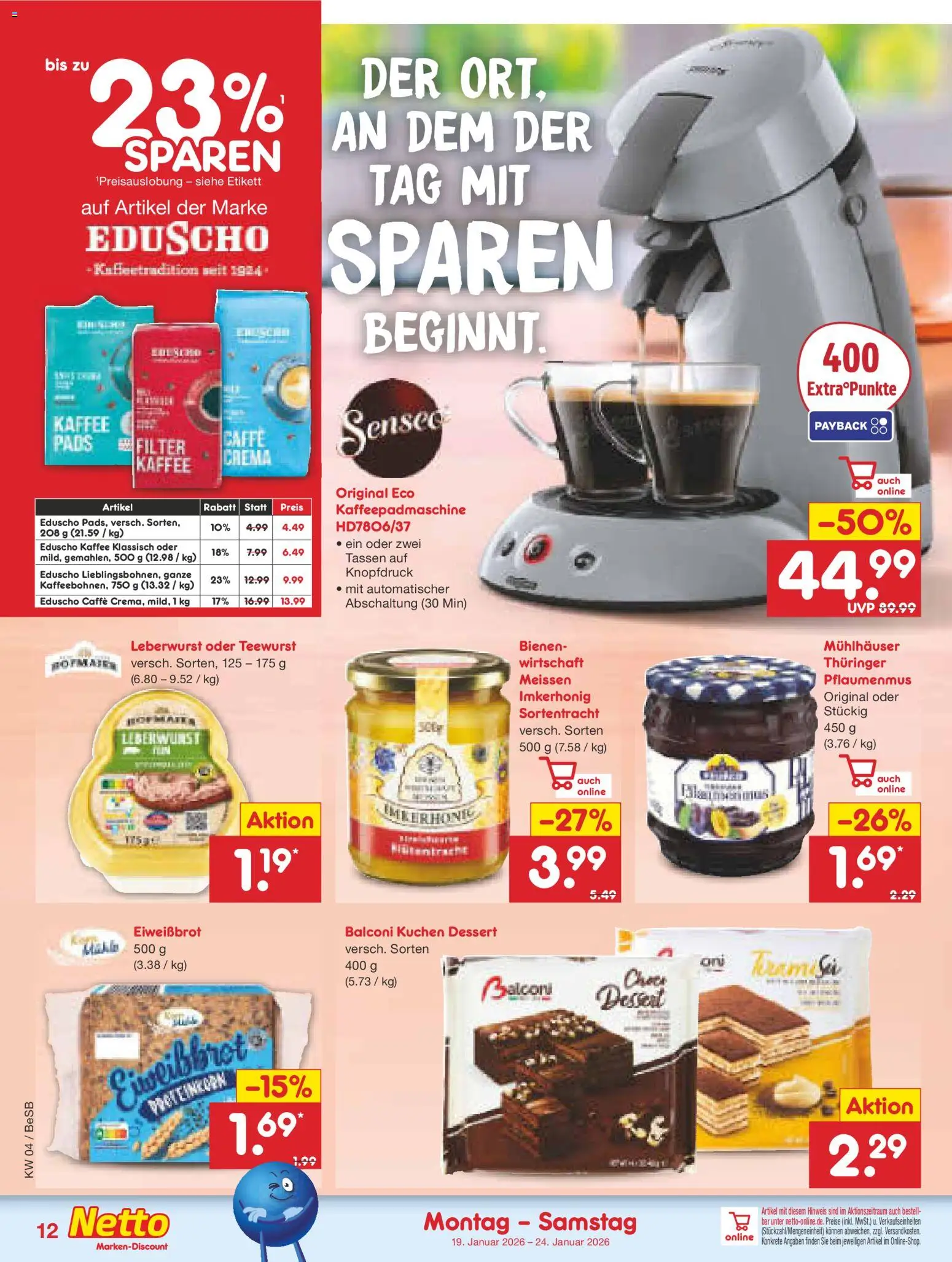 Netto Marken-Discount Prospekt 	 – gültig ab 19.01.2026 | Seite: 12 | Produkte: Senseo, Kaffee, Kuchen, Eduscho
