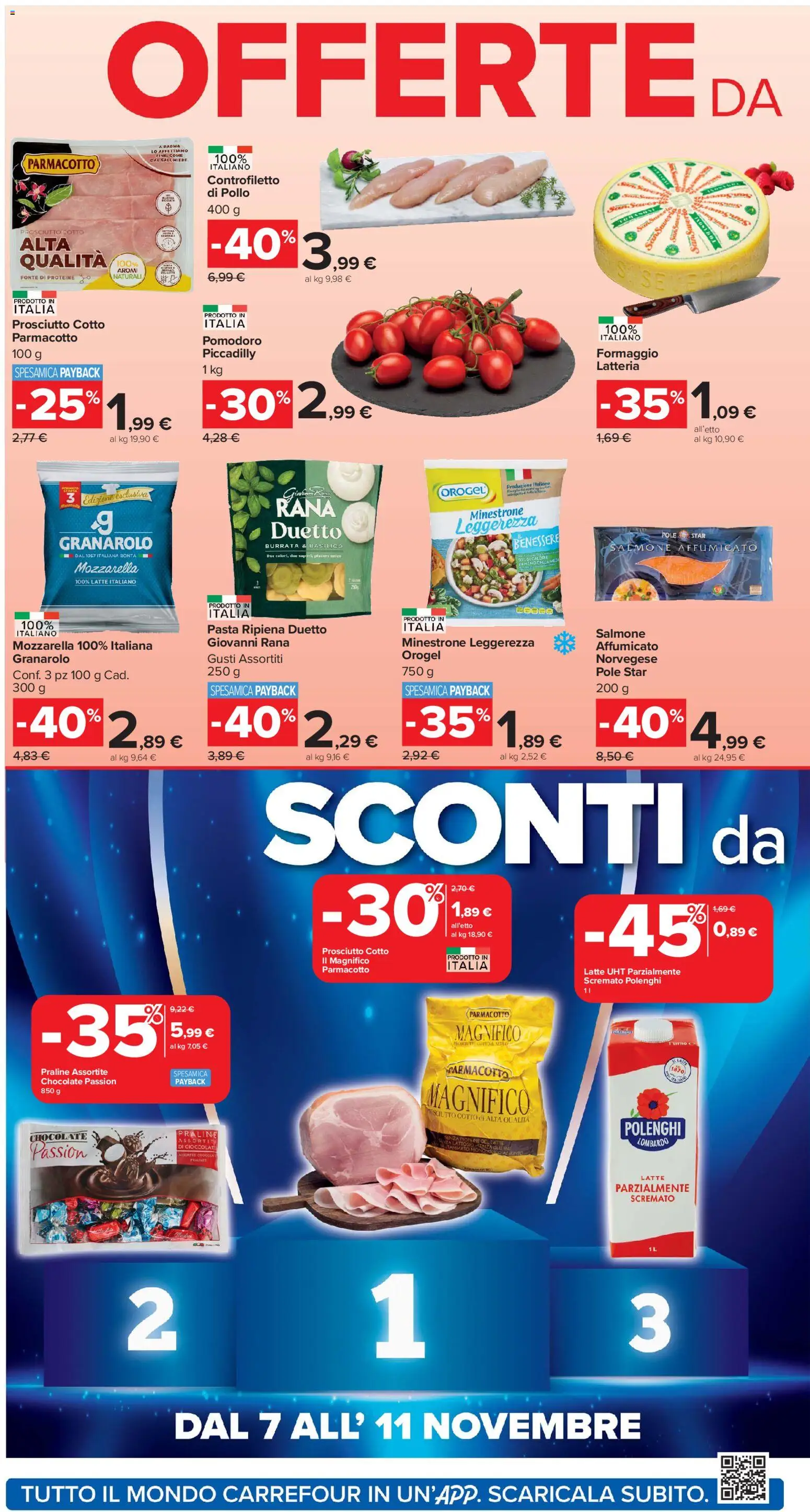 Volantino Carrefour del 04.11.2025 | Pagina: 2 | Prodotti: Salmone affumicato, Minestrone, Latte, Burrata