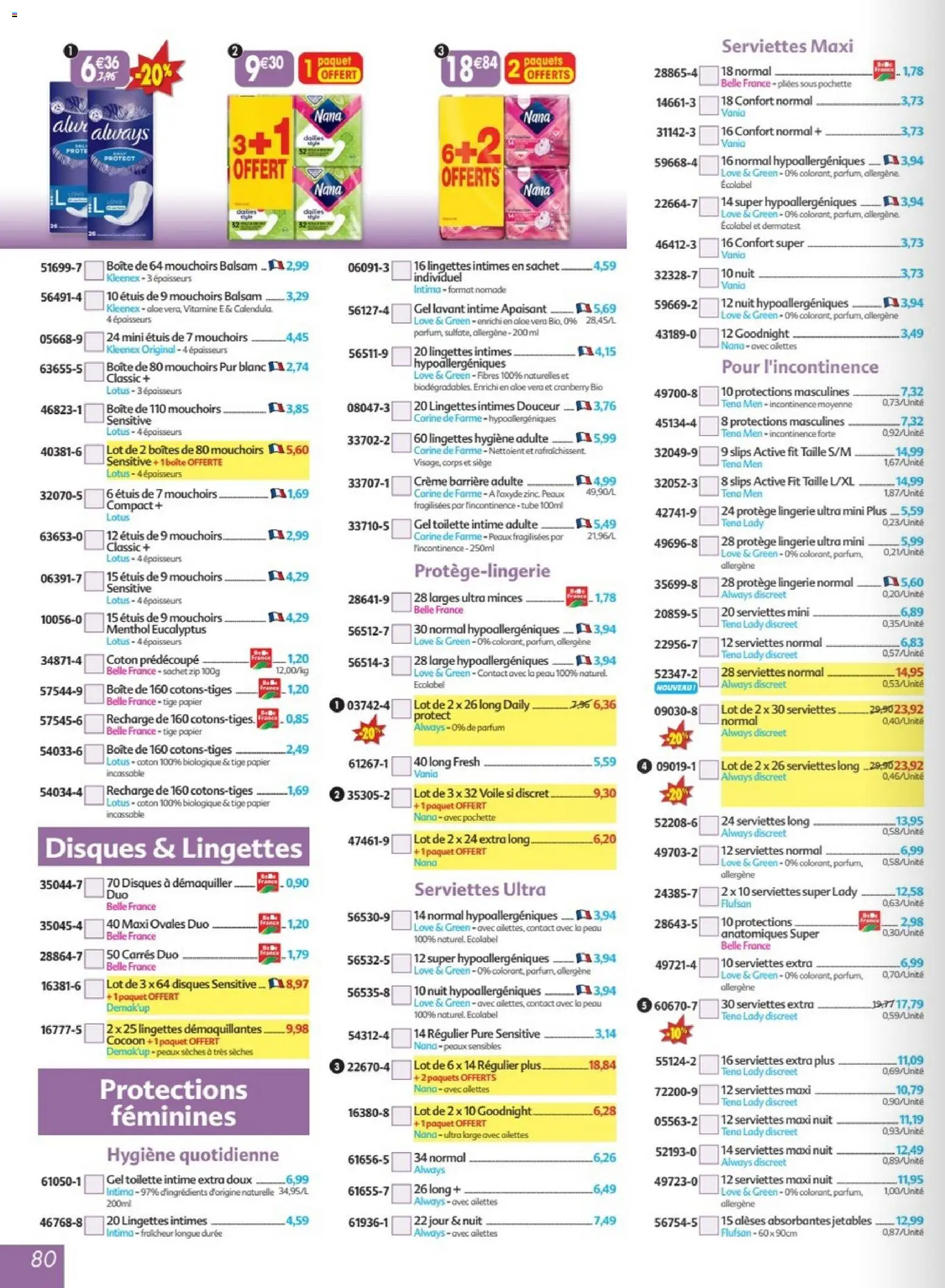 {H1} | Page: 80 | Produits: Coton, Mouchoirs, Slips, Crème