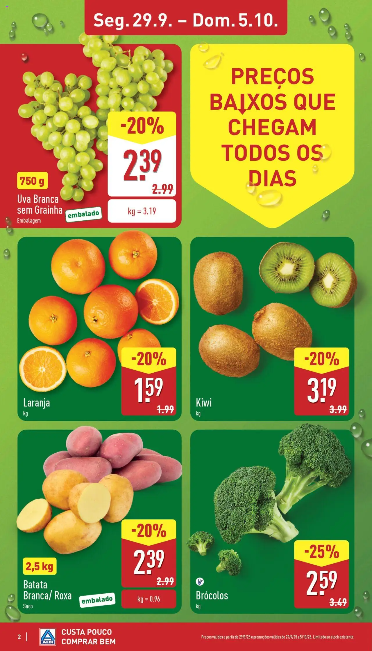 Aldi folheto │ válido de 29.09.2025 | Página: 2 | Produtos: Brócolos, Batata, Kiwi