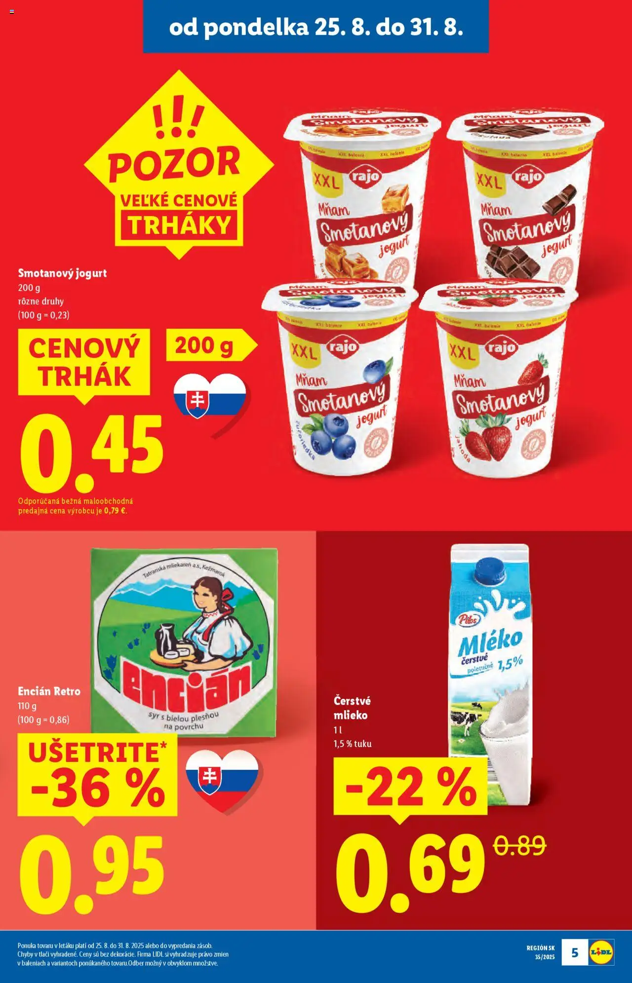 Lidl leták │ platný od 25.08.2025 | Strana: 5 | Produkty: Mlieko, Syr, Jogurt, Encián