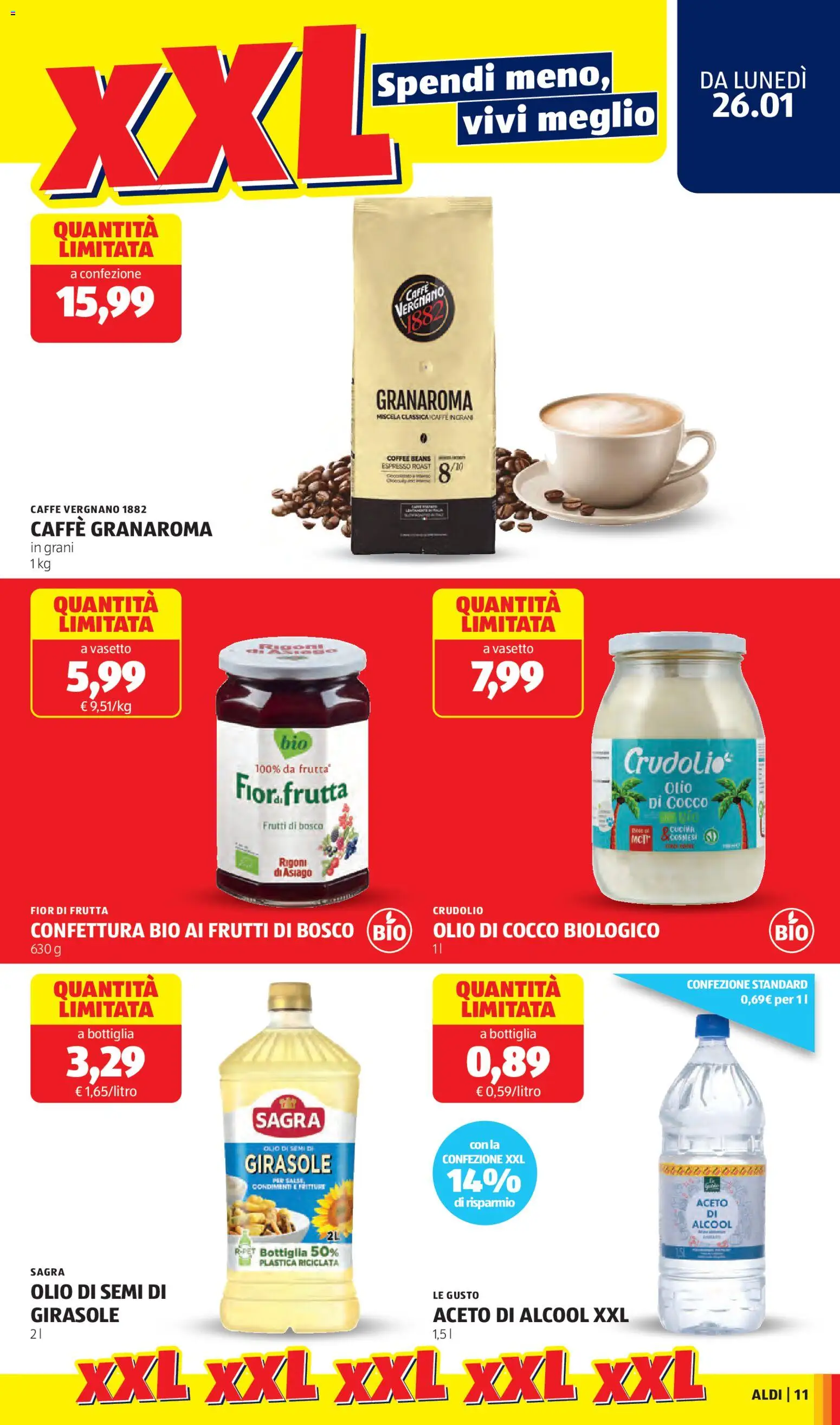 Volantino Aldi del 26.01.2026 | Pagina: 11 | Prodotti: Olio, Cocco, Aceto, Bottiglia