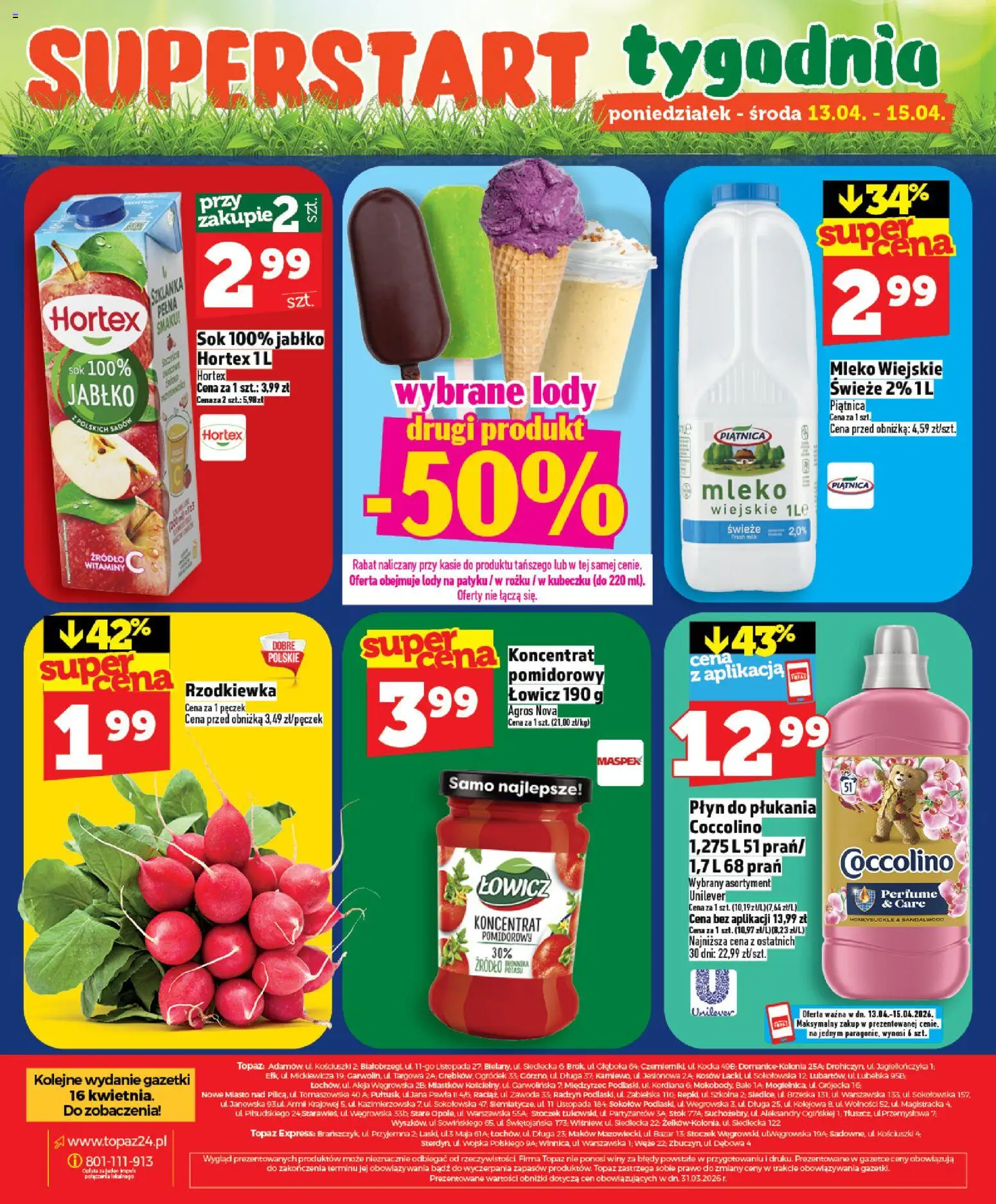 Topaz gazetka od 09.04.2026 | Strona: 28 | Produkty: Szklanka, Mleko, Sok, Lody