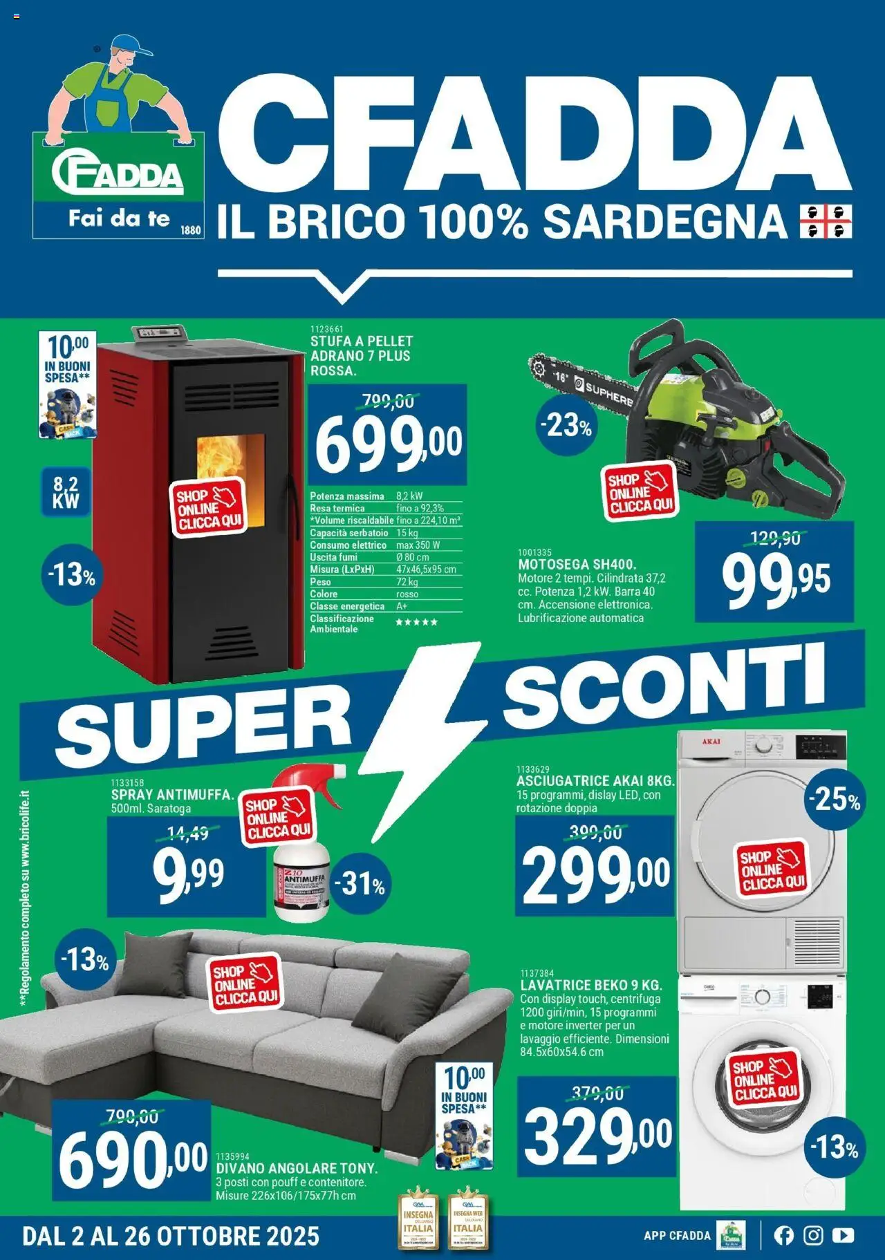 Volantino CFadda del 02.10.2025 | Pagina: 1 | Prodotti: Pellet, Centrifuga, Stufa, Divano
