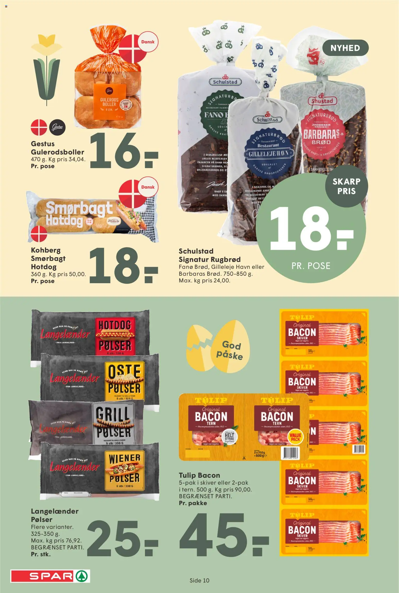 Spar tilbudsavis – gyldig fra 13.03.2026 | Side: 10 | Produkter: Brød, Pølser, Rugbrød, Bacon