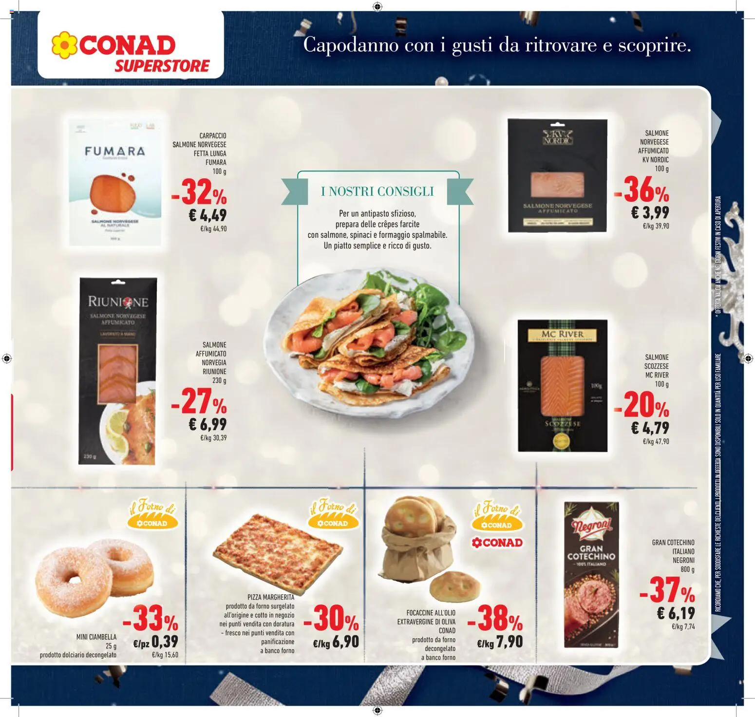Volantino Conad del 27.12.2025 | Pagina: 15 | Prodotti: Salmone affumicato, Formaggio, Olive, Forno