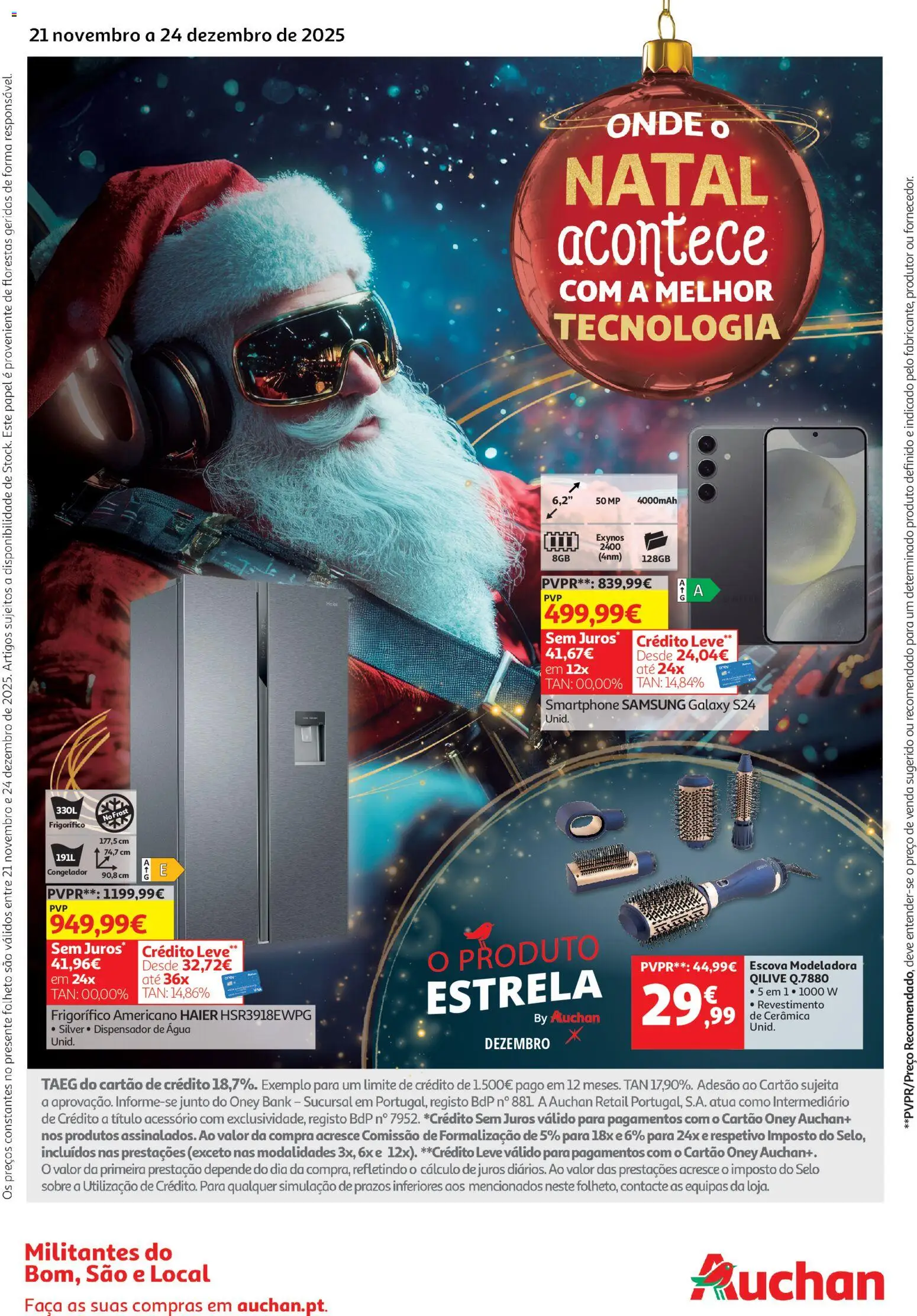 Auchan - Onde o Natal acontece com a melhor tecnologia │ válido de 21.11.2025 | Página: 1 | Produtos: Agua, Smartphone, Frigorífico, Congelador