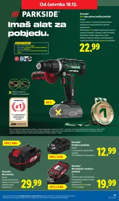 Parkside®, 3 u 1 aku udarna bušilica/odvijač, Komad, Snažan motor s 2-brzinskim prijenosnikom i priključivim visokoučinkovitim udarnim mehanizmom, Podešavanja: 20 stupnjeva zakretnog momenta + stupanj za bušenje + stupanj za udarno bušenje, Brzozatezni metalni zaglavnik za svrdlo, Uključno/isključna sklopka s bezstupanjskom regulacijom brzine vrtnje i Quickstop funkcijom - Pregled kataloga iz trgovine Lidl, vrijedi od 18.12.2025 | Stranica: 17