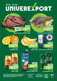 Univerexport akcija samo u Staroj Pazovi i Rumi - pregled Univerexport kataloga - važi od 16.02.2026 | Strana: 1 | Proizvode: Banana, Šećer, Pivo, Riba