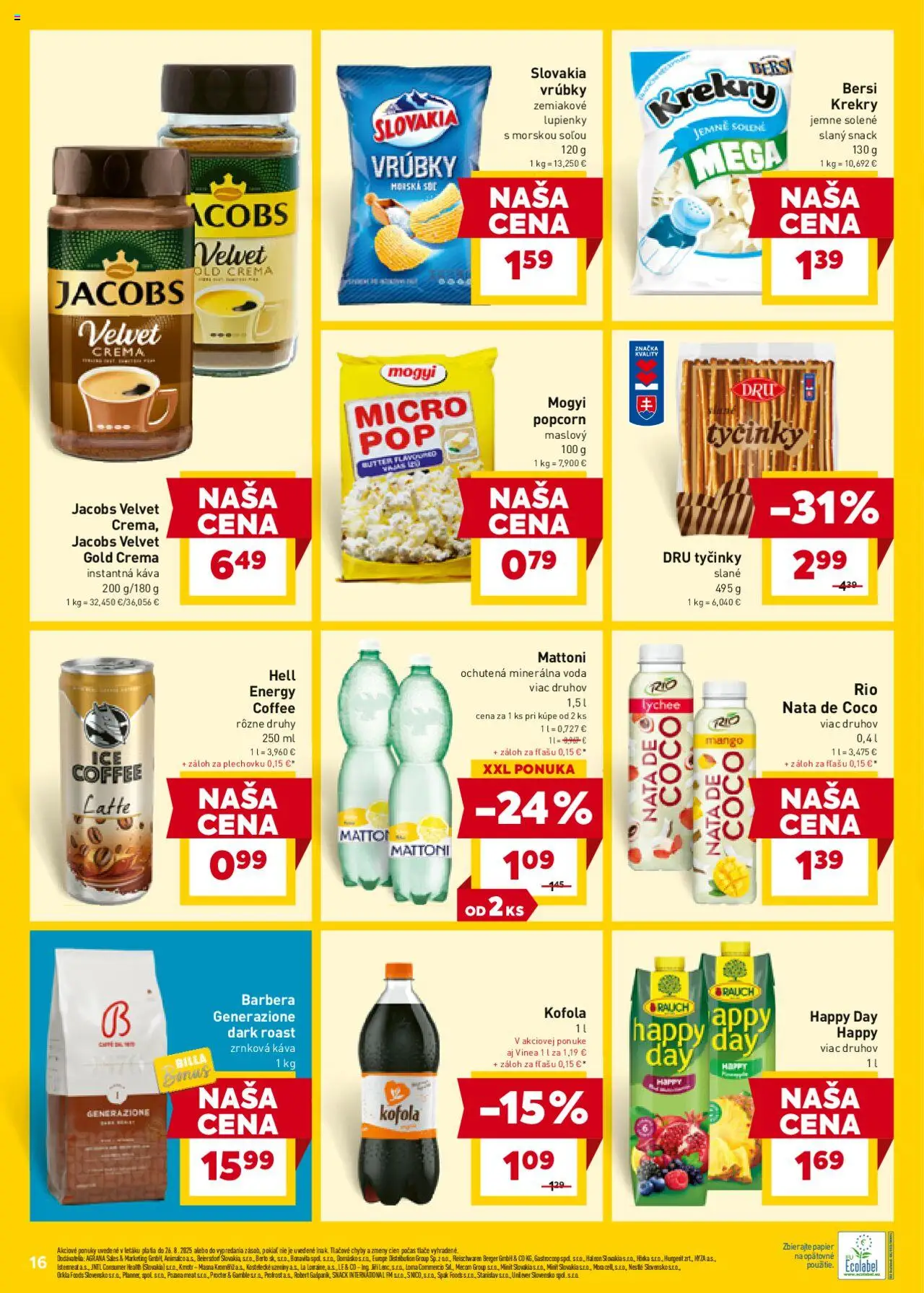 Billa leták │ platný od 20.08.2025 | Strana: 16 | Produkty: Jacobs Velvet, Kofola, Mango, Zrnková káva