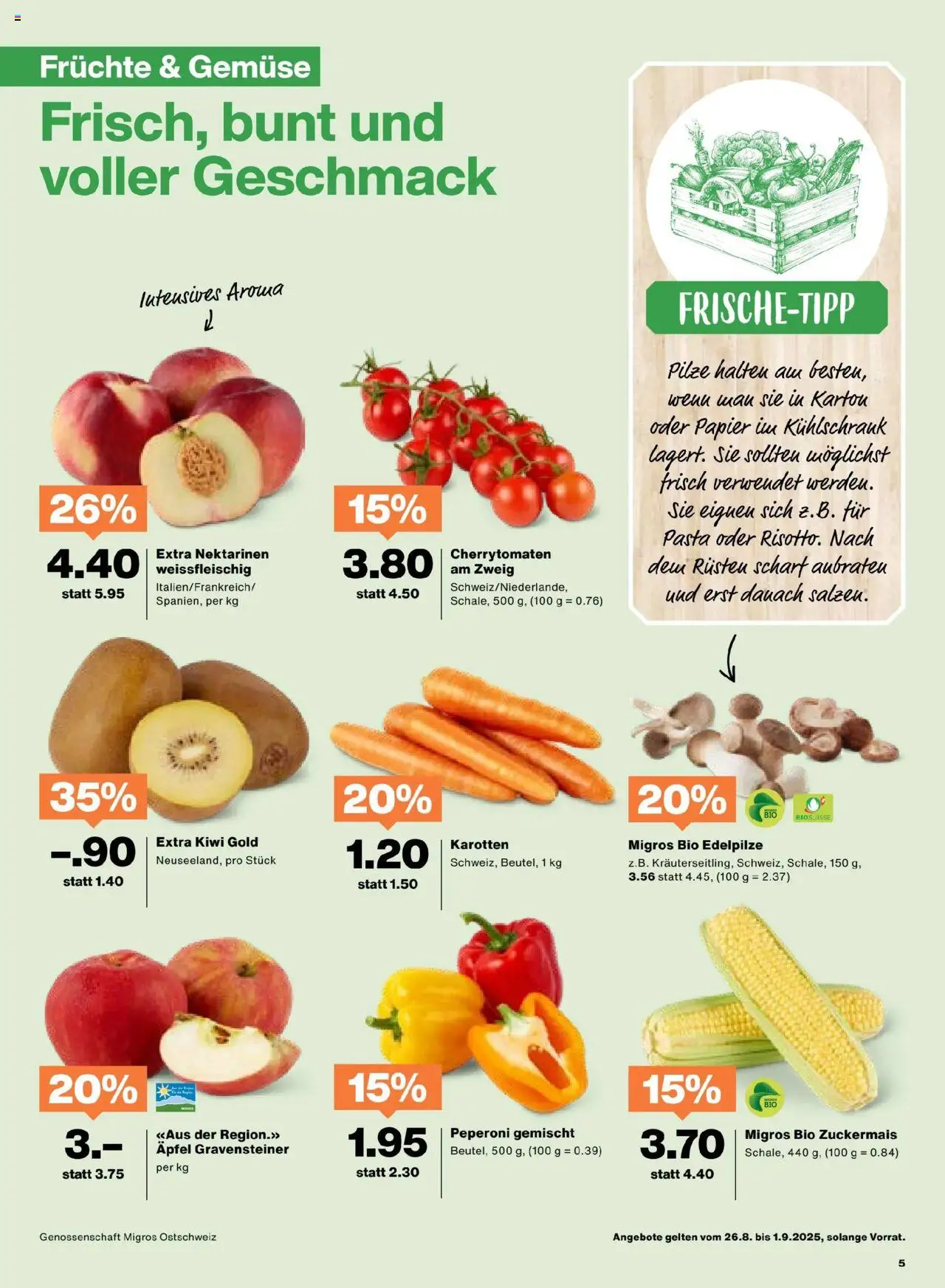 Migros Aktionen ab 26.08.2025 | Seite: 5 | Produkte: Gemüse, Pasta, Kiwi, Früchte