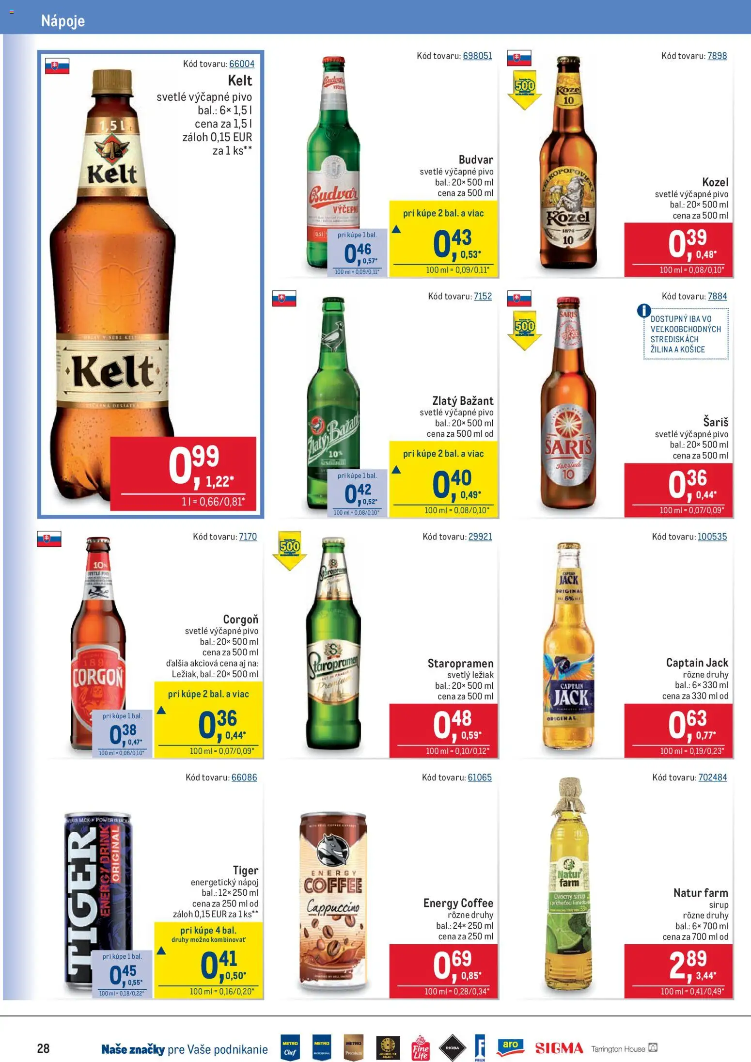 Nové Metro akcie – leták je platný od 14.01.2026 | Strana: 28 | Produkty: Zlatý Bažant, Staropramen, Corgoň, Energetický nápoj